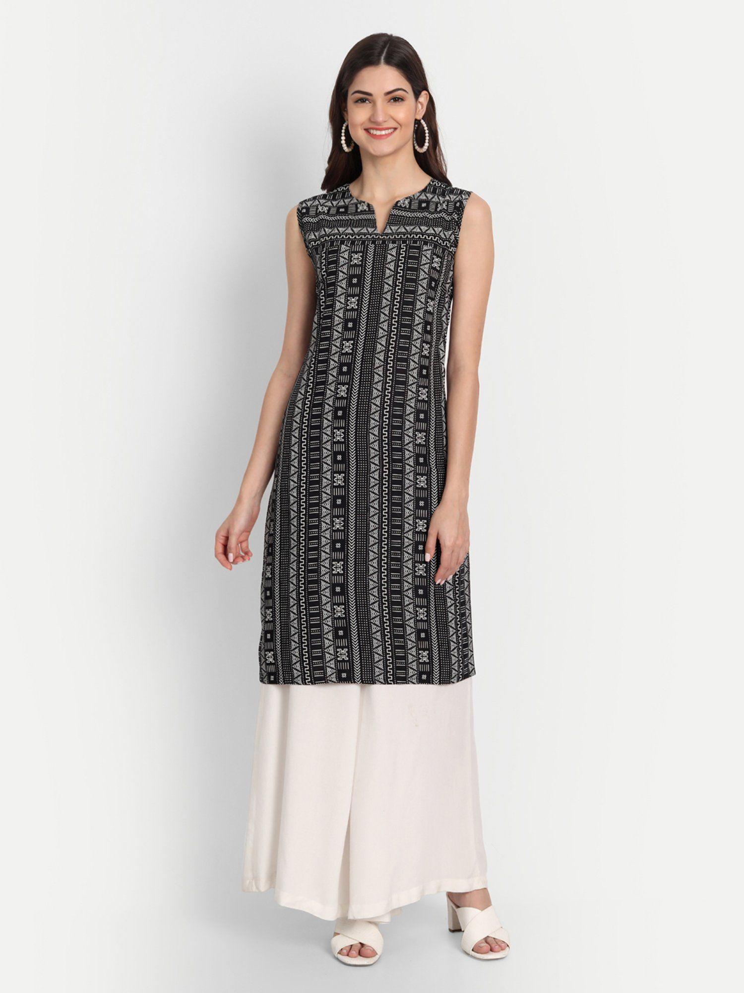 women rayon printed sleeveless kurta black