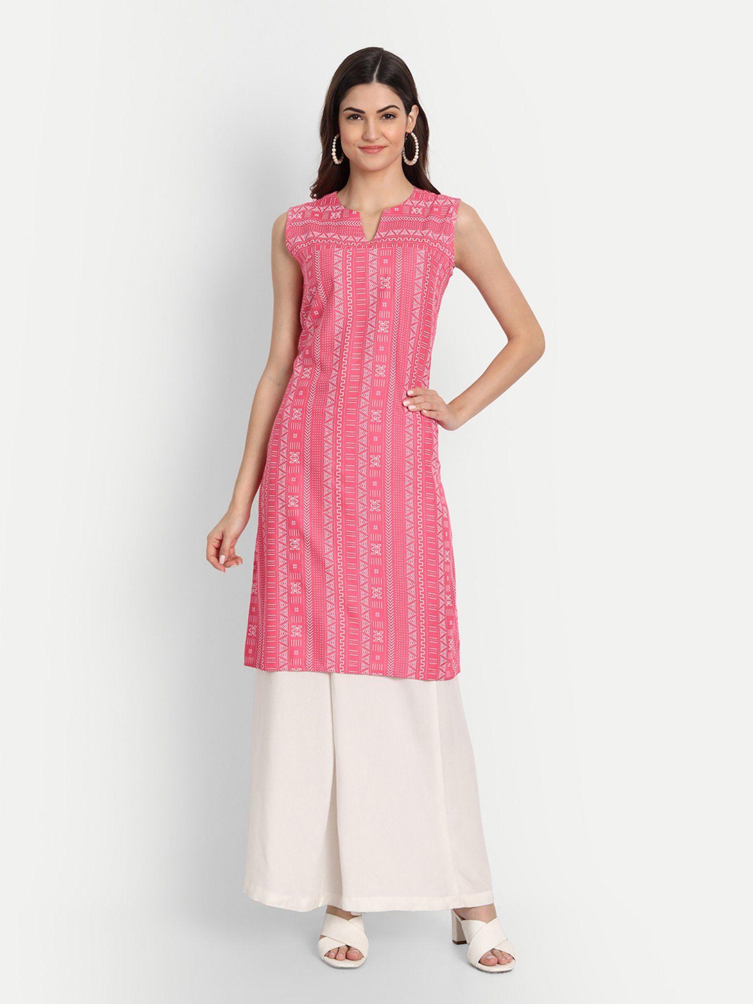 women rayon printed sleeveless kurta coral