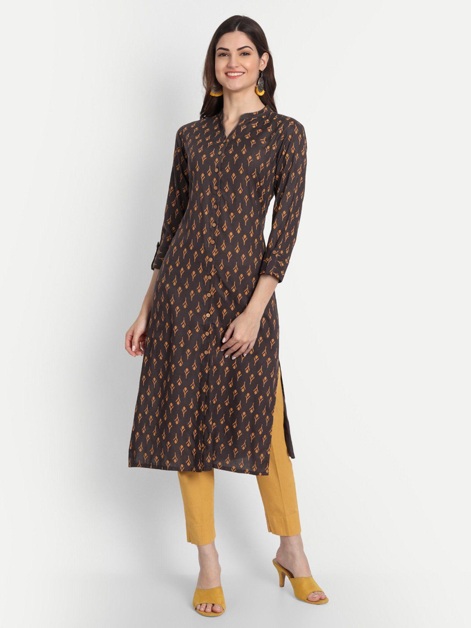 women rayon printed straight long kurta charcoal grey