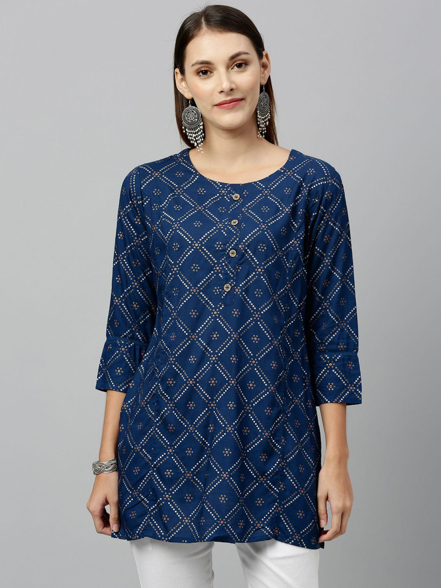 women rayon printed straight tunic blue