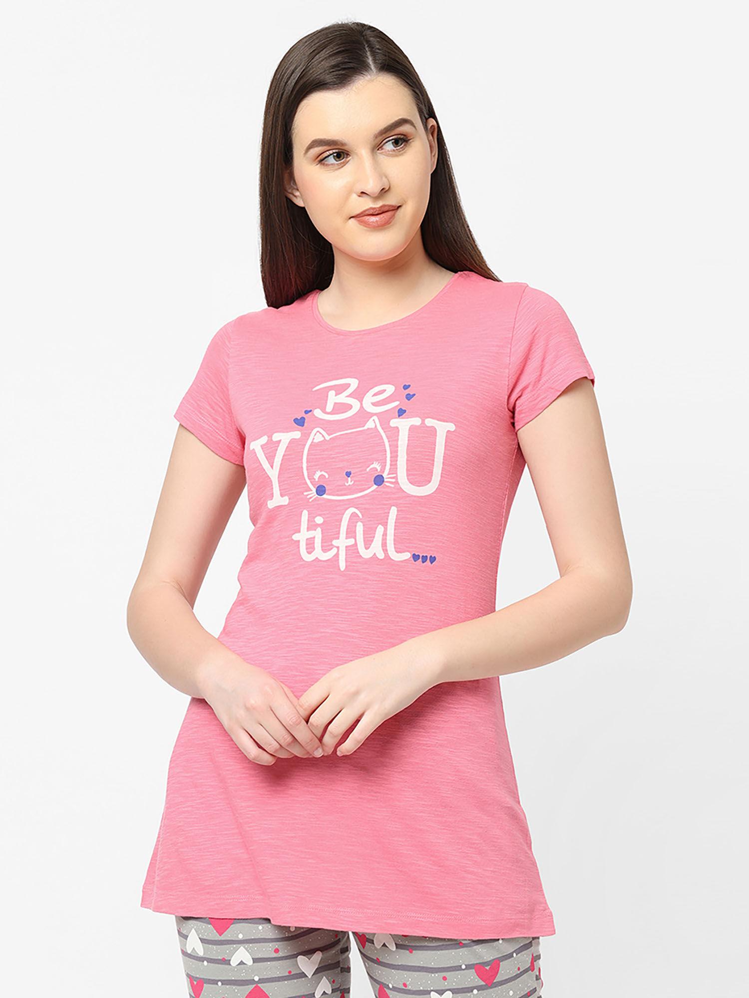 women rayon printed t-shirt - pink