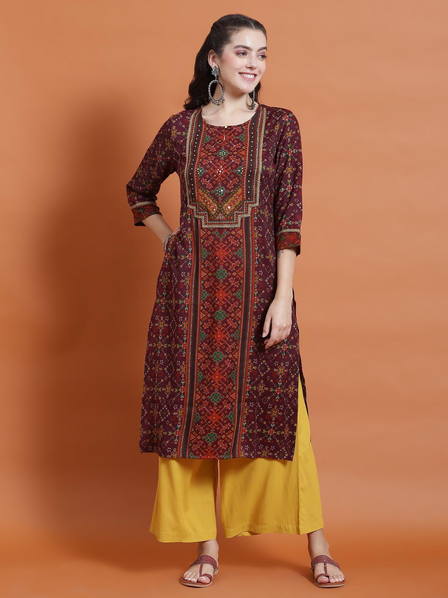 women rayon purple geometric print kurta