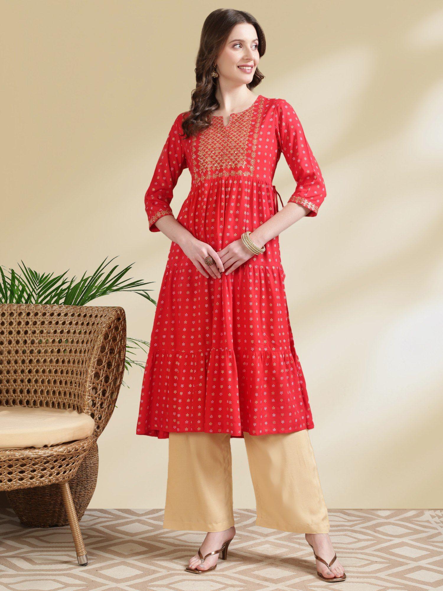 women rayon red embroidered ankle length tiered flared kurta