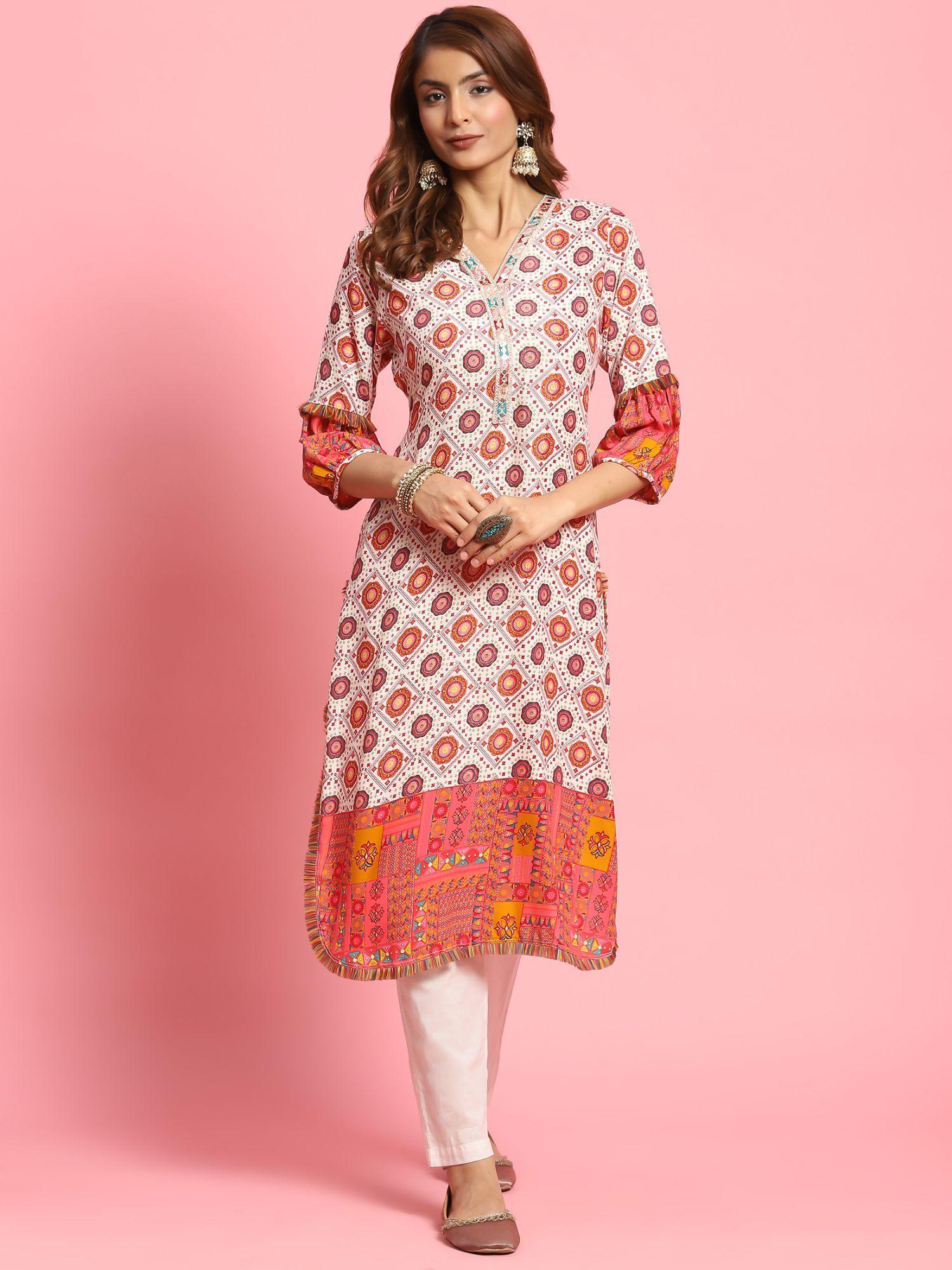 women rayon red geometric print kurta