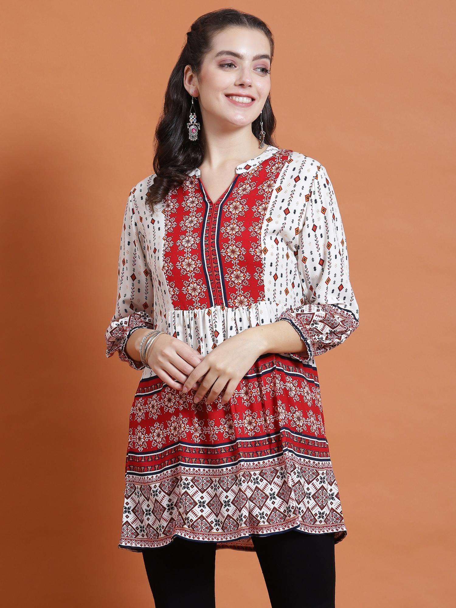 women rayon red geometric print tunic