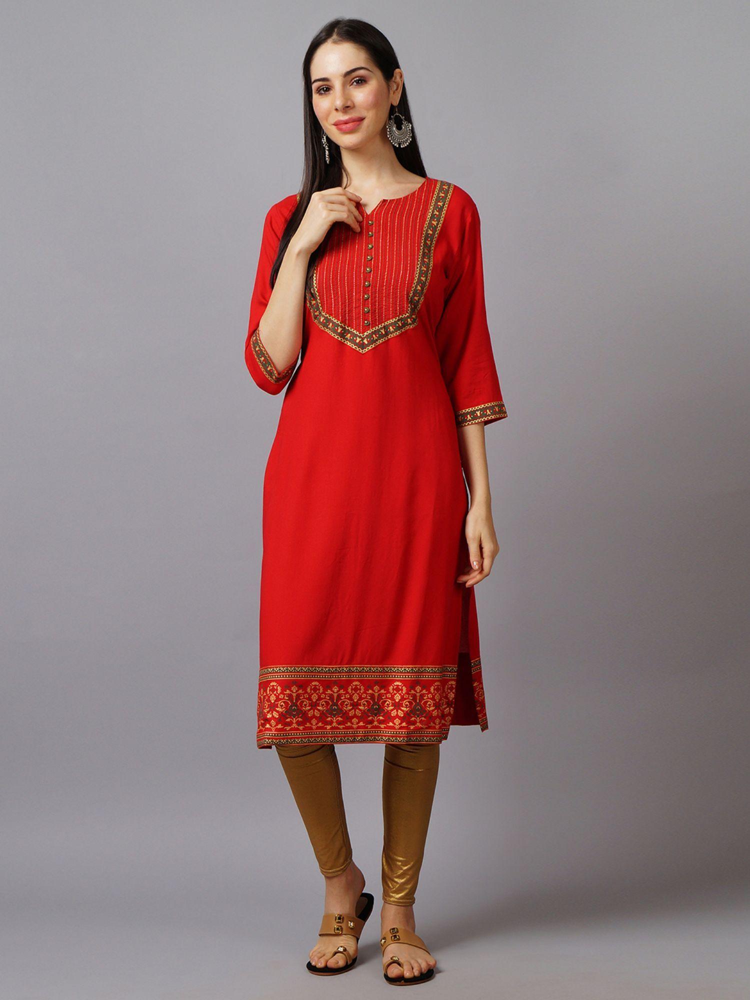 women rayon red ornamental printed kurta