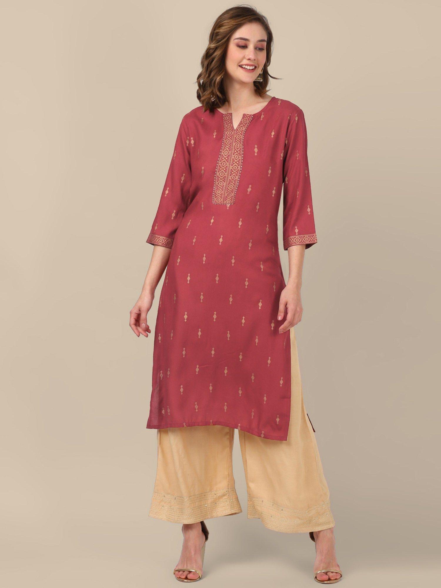 women rayon red woven placket knee length straight kurta