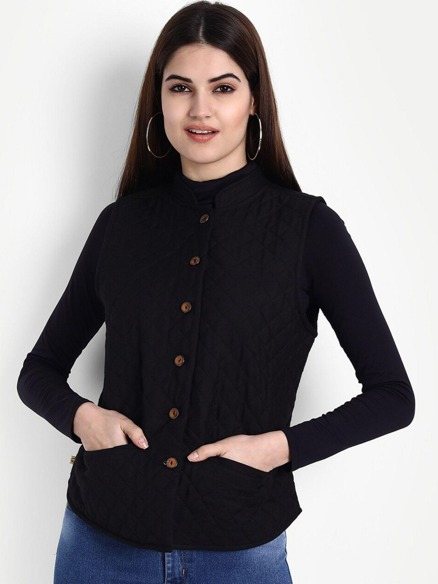 women rayon sleeveless quilted jacket black