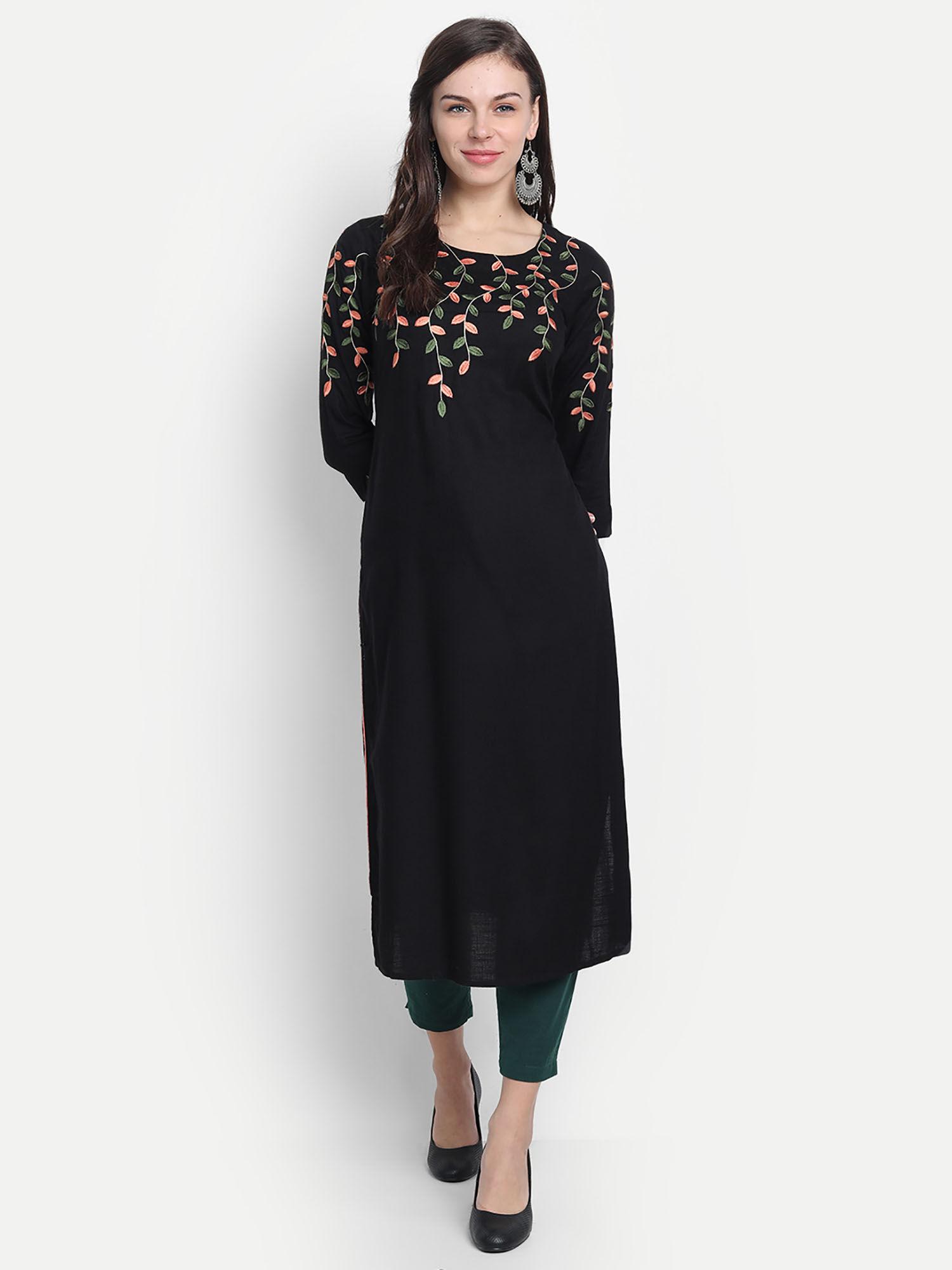 women rayon slub colourful embroidery work kurta black