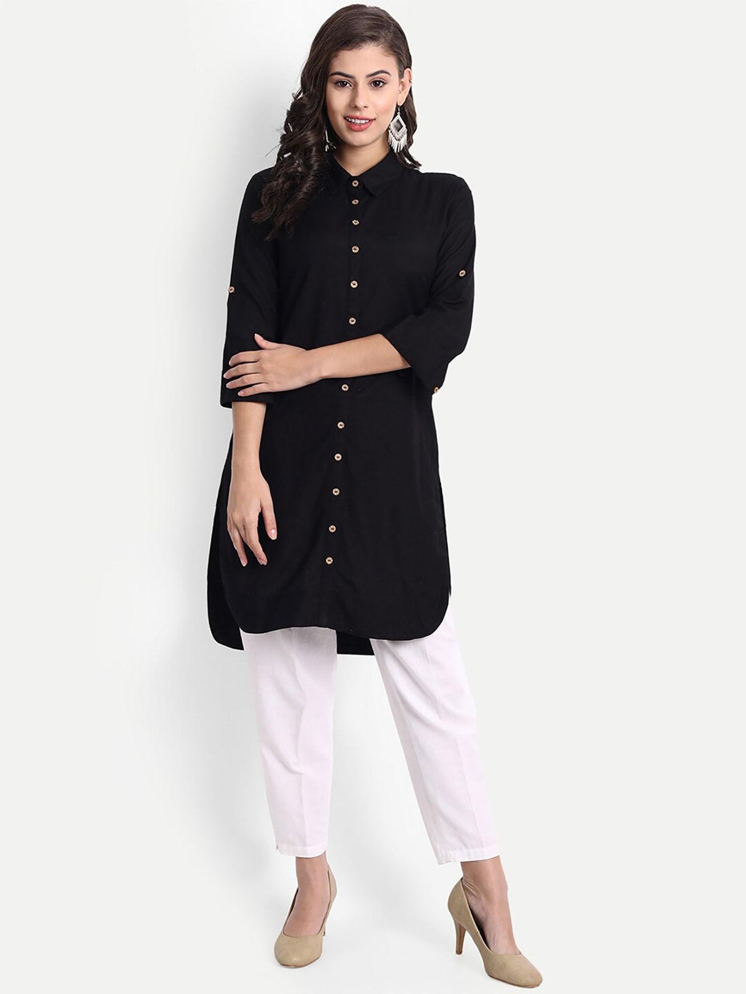 women rayon solid straight kurta roll up sleeve and button work - black