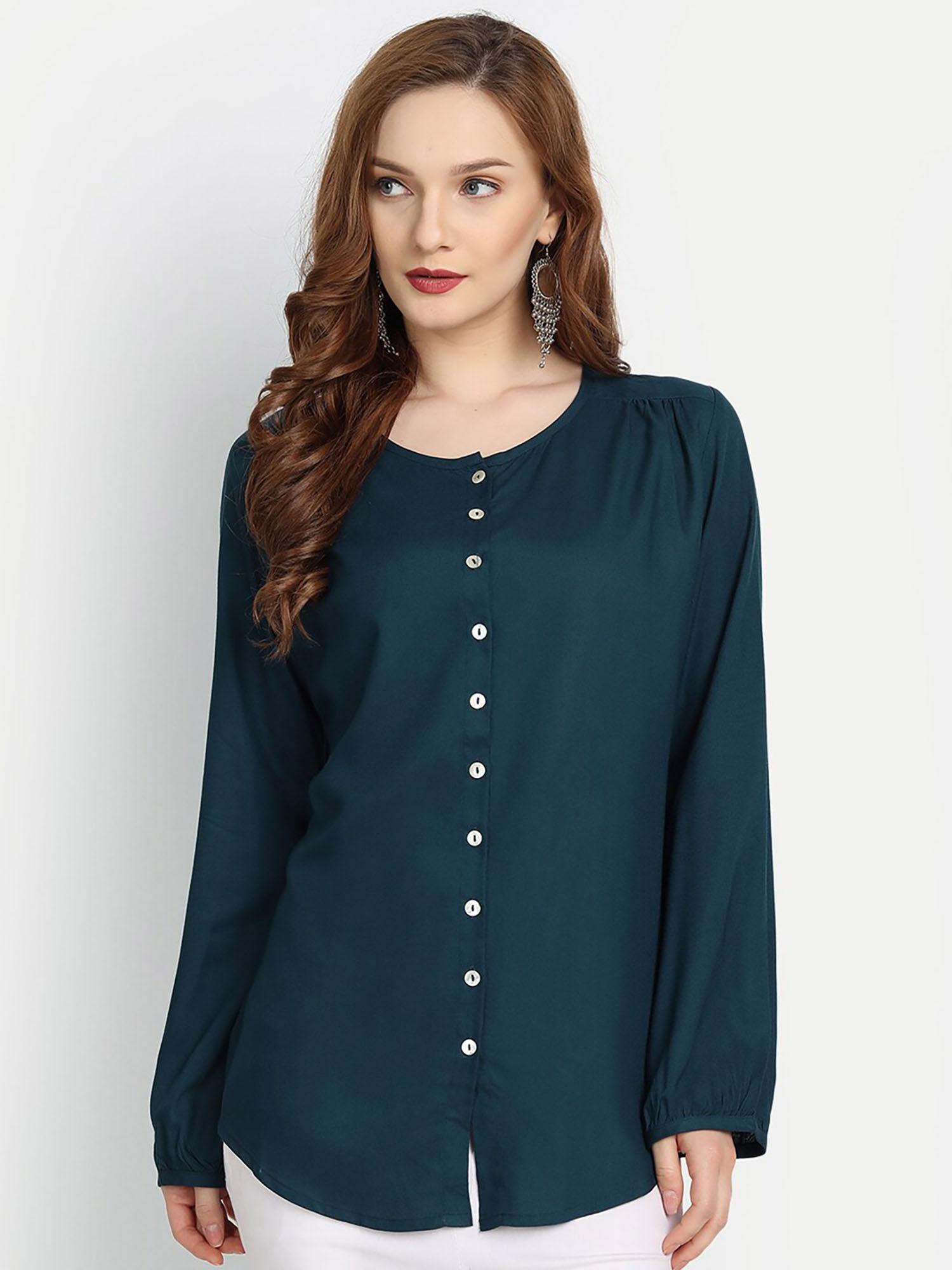 women rayon solid top with front placket button - green