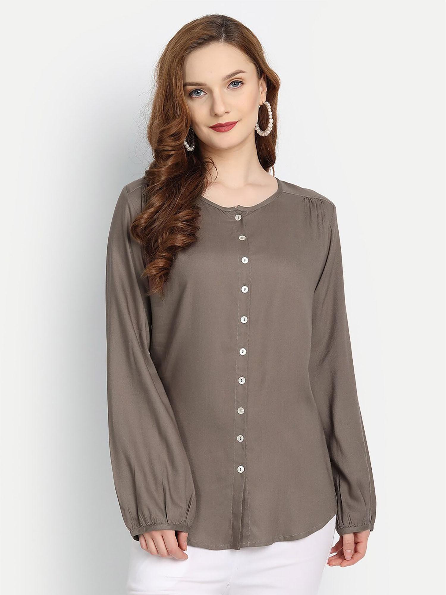 women rayon solid top with front placket button - grey