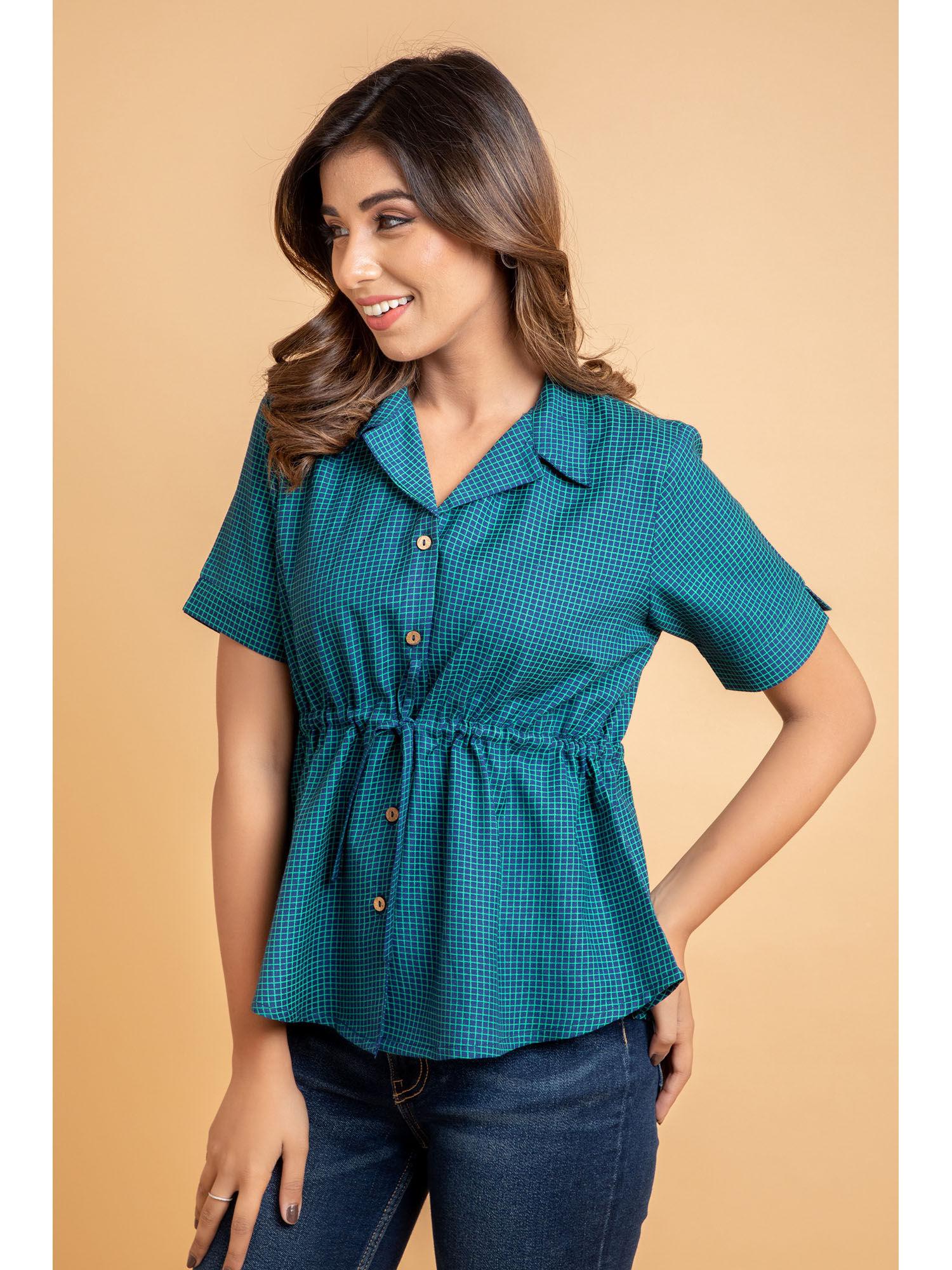 women rayon style top with draw string on waist teal