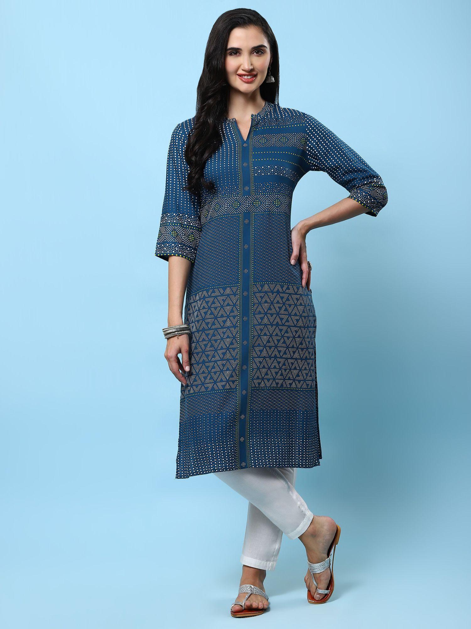 women rayon teal geometric print kurta