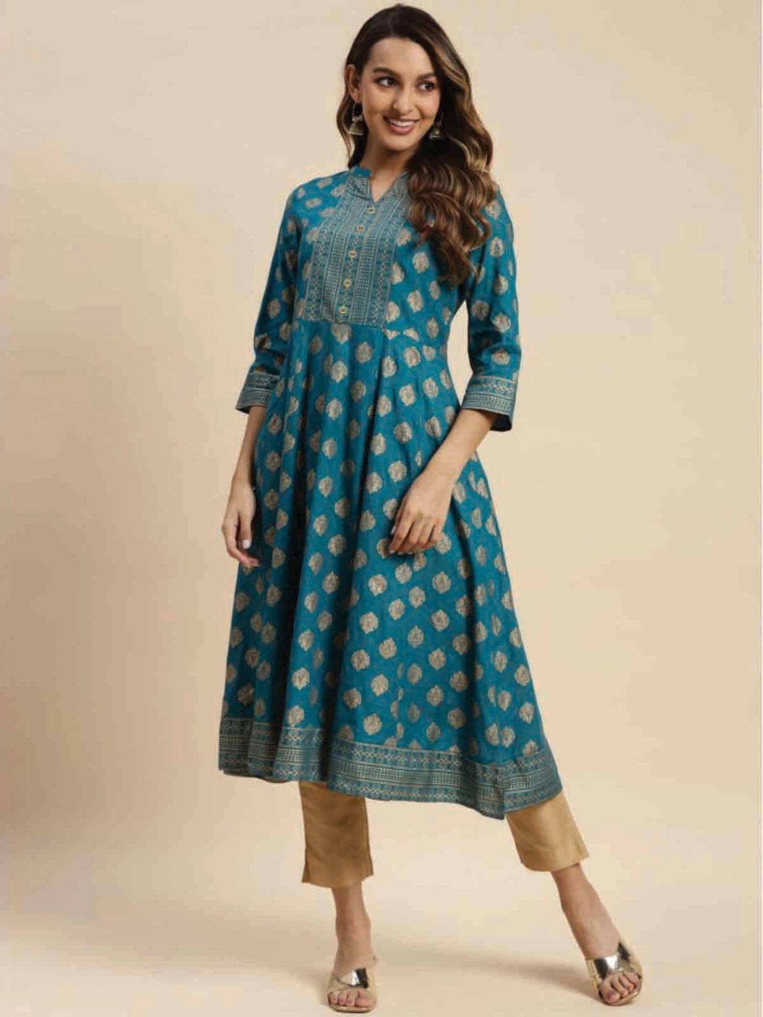 women rayon teal gold printed calf length flared kurta