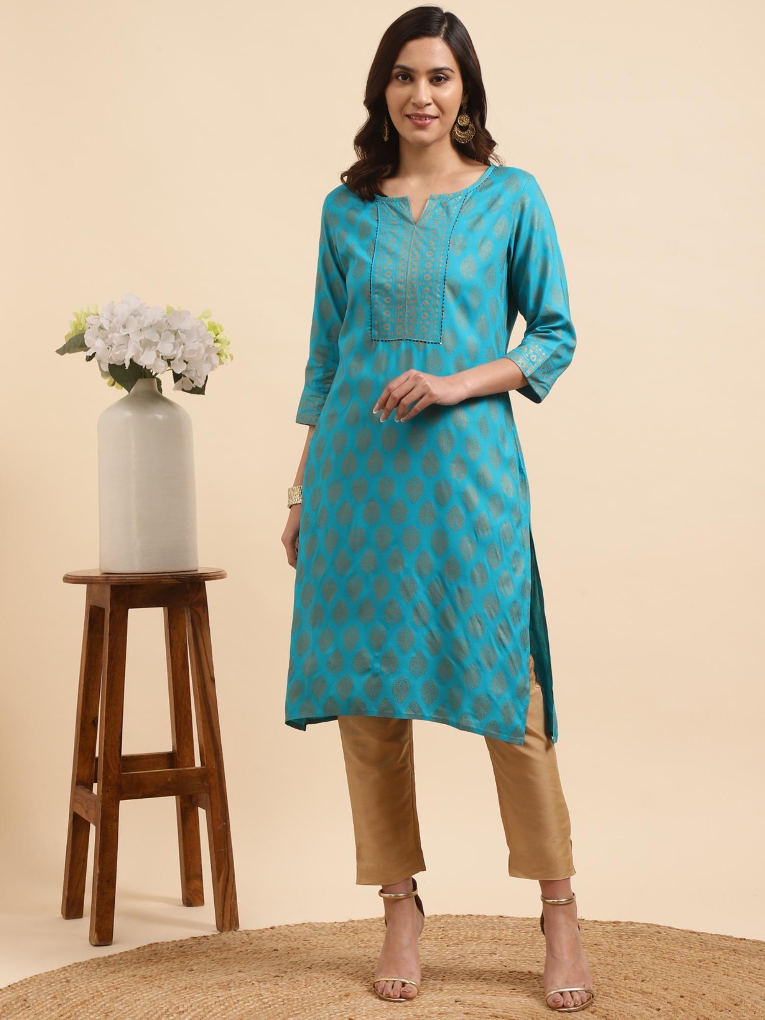 women rayon turquoise gold printed straight kurta with pant (set of 2)