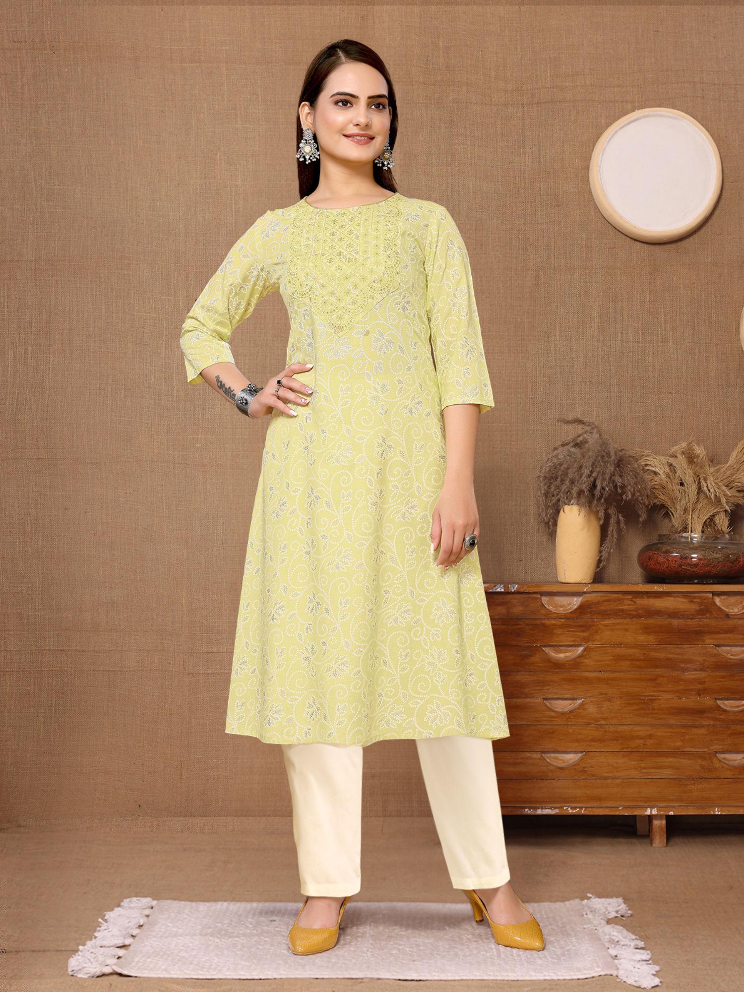 women rayon yellow embroidered calf length a-line kurti with pant (set of 2)
