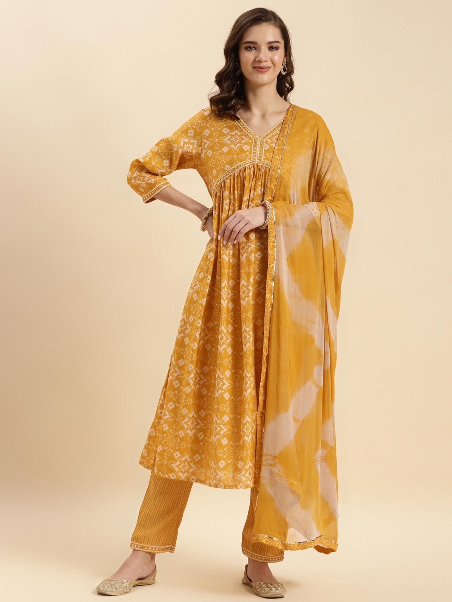 women rayon yellow ethnic printed anarkali kurta with pant and dupatta (set of 3)