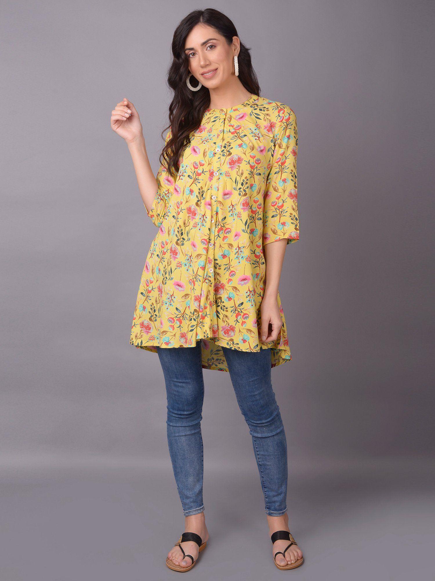 women rayon yellow floral printed tunic