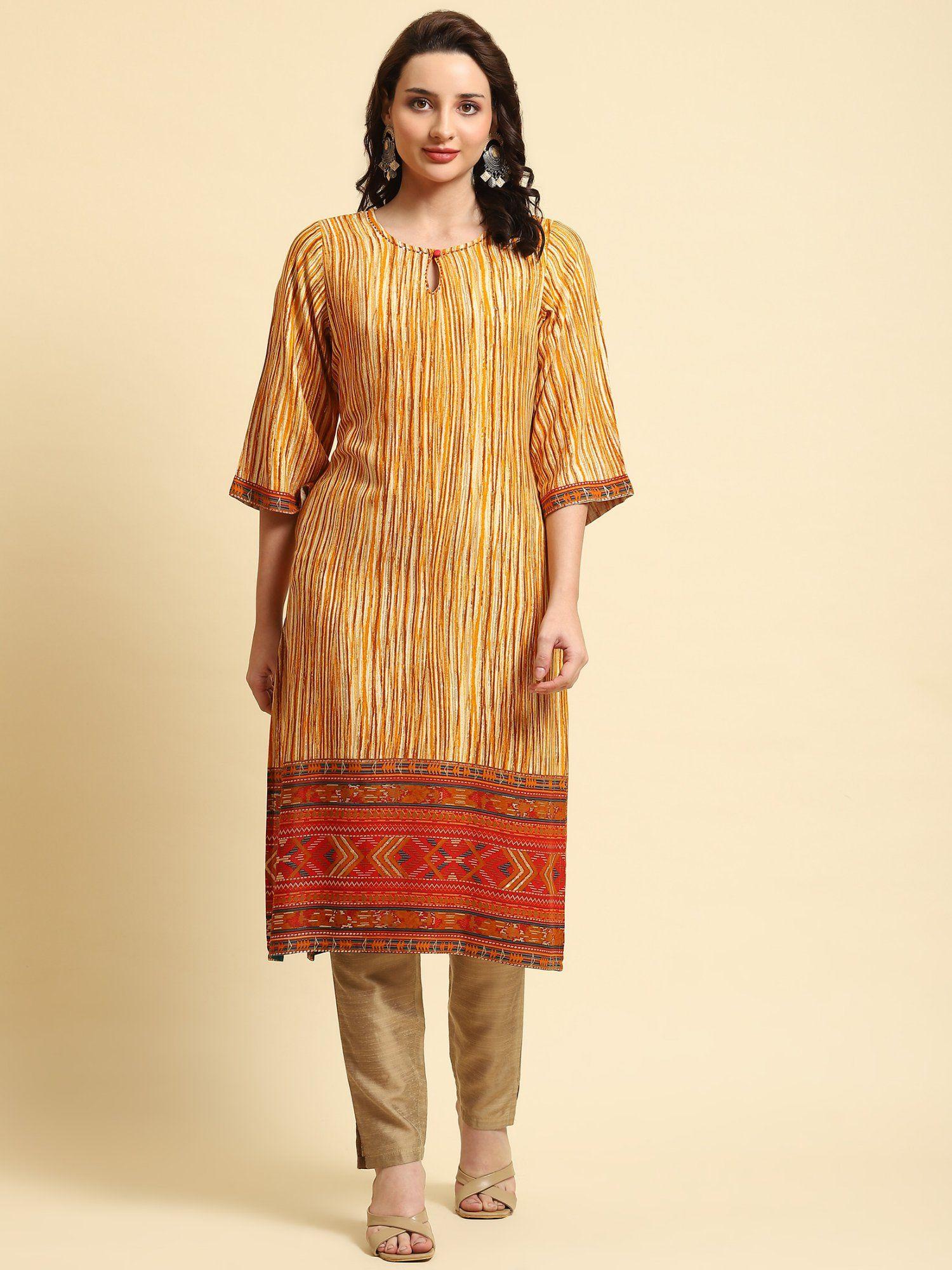 women rayon yellow stripe printed kurta