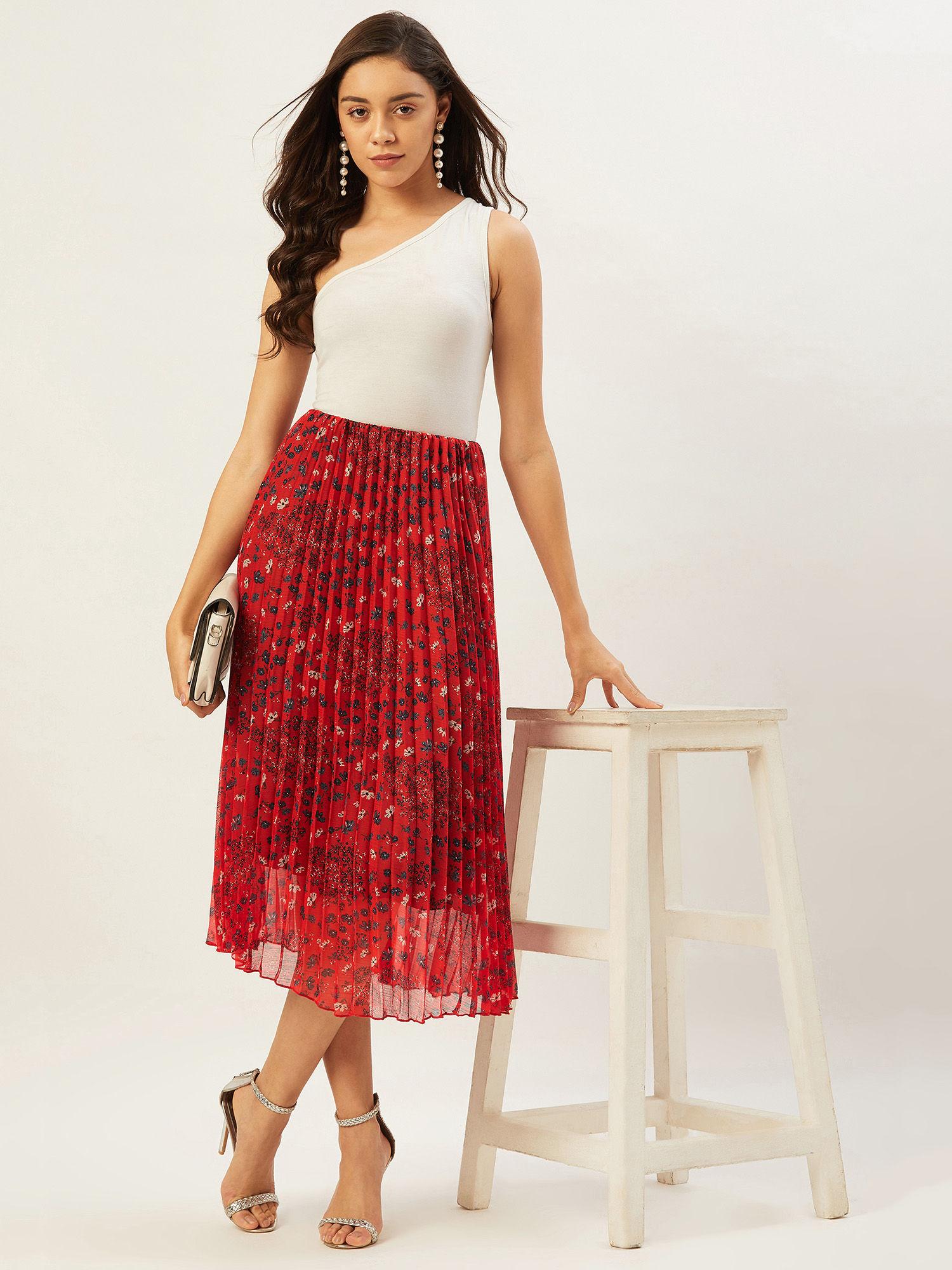 women red & black printed a-line midi skirt