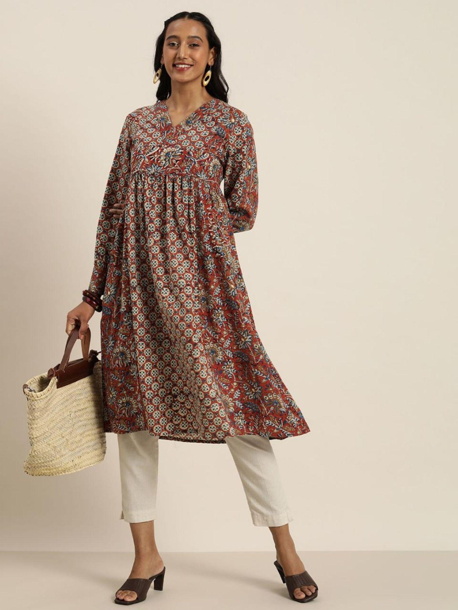 women red & blue bagru hand block printed a line sustainable kurta