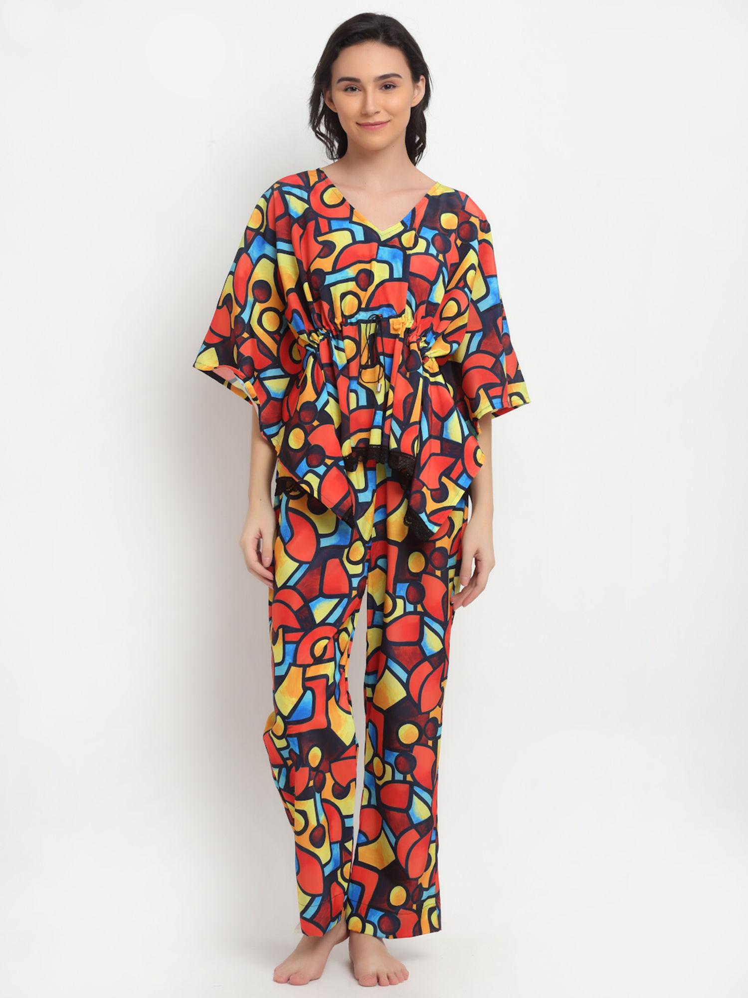 women red & blue printed night suit