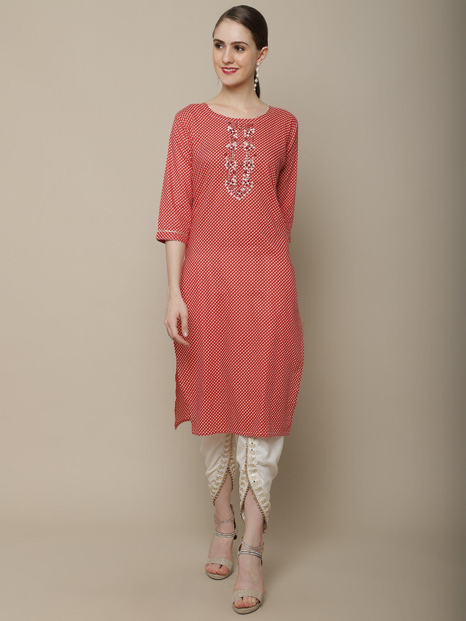 women red & white checked yoke embroidery kurta