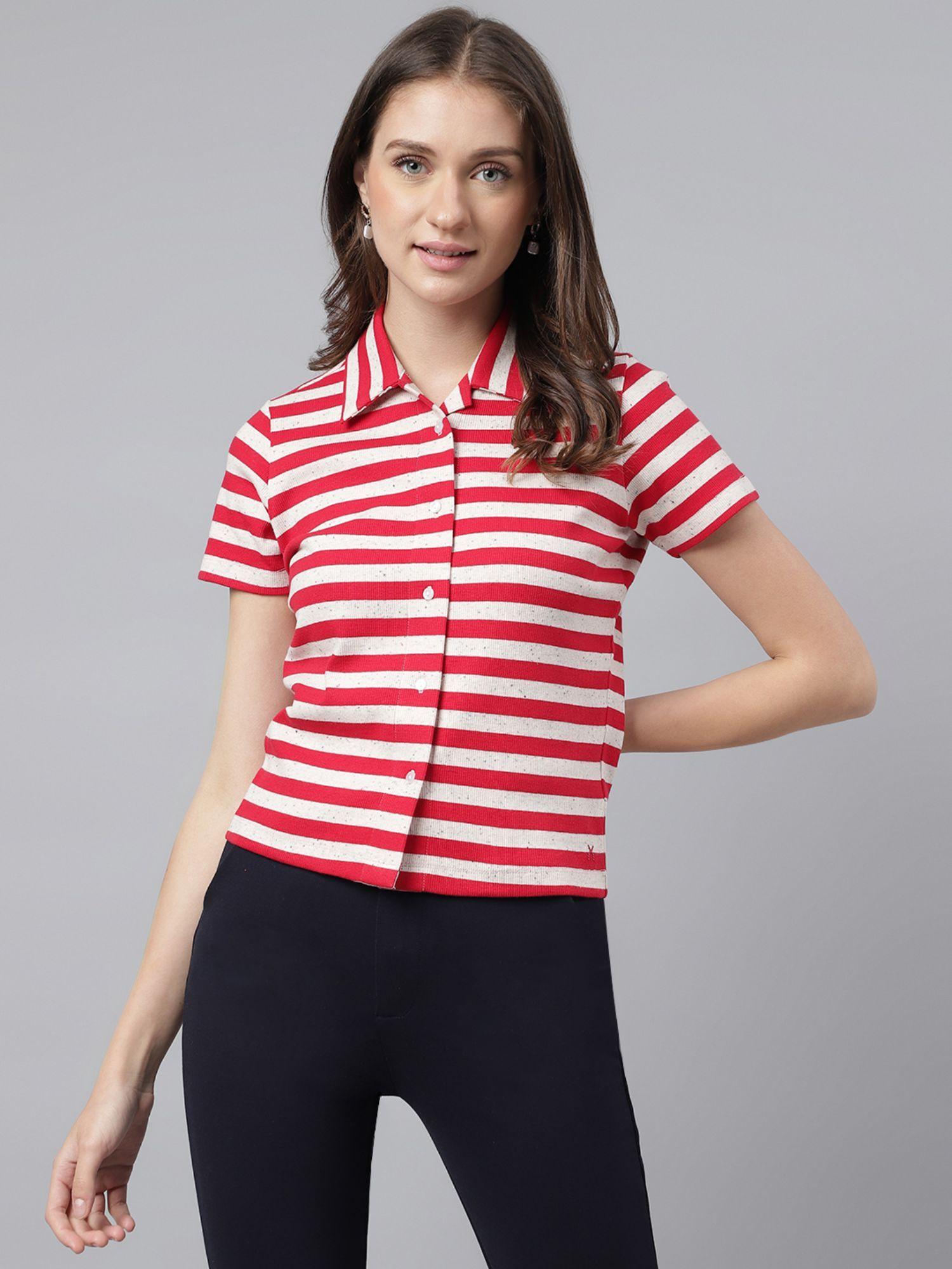 women red & white striped cotton shirt
