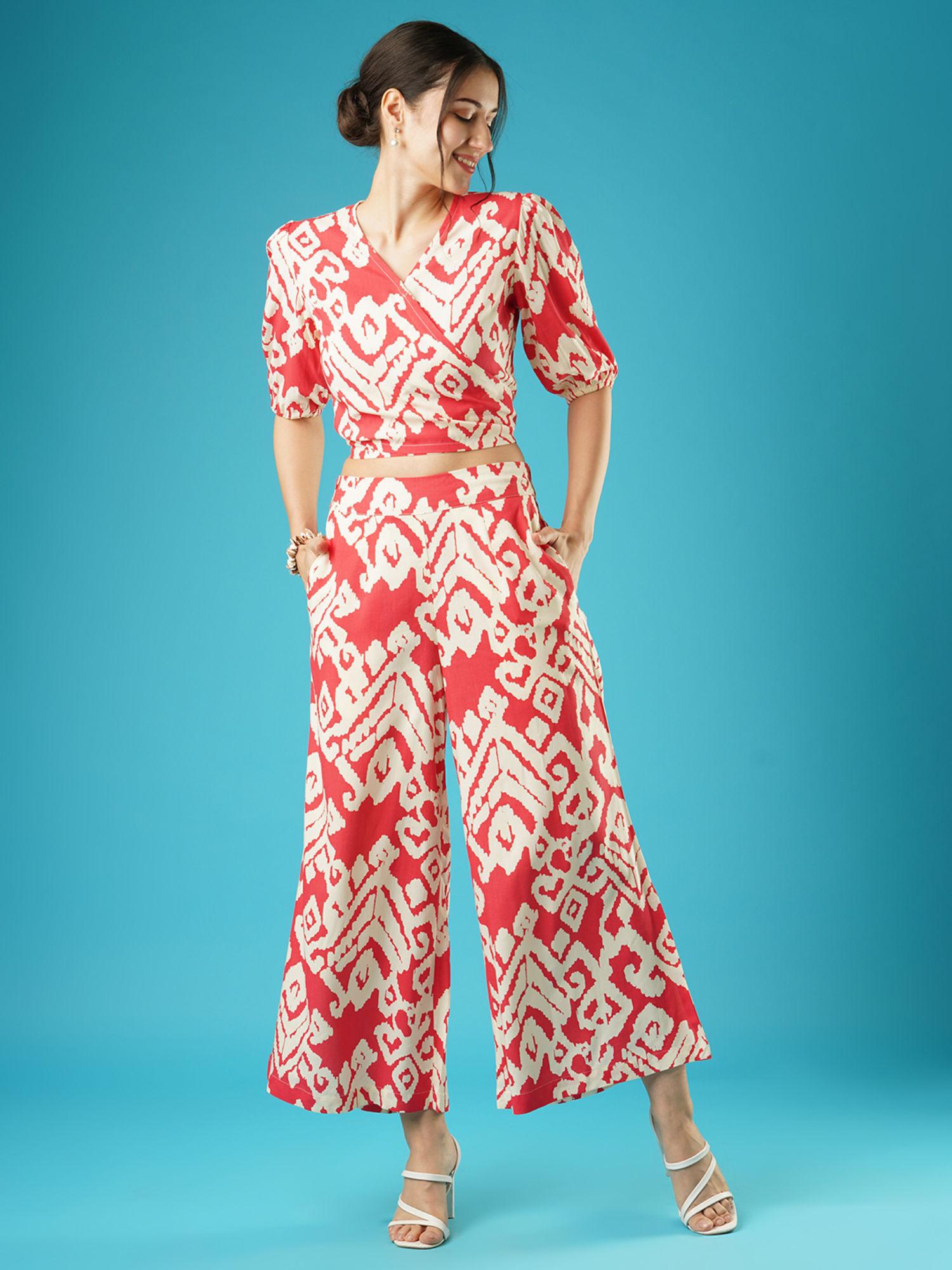 women red abstract print wrap tie-back top & palazzos fusion co-ord set