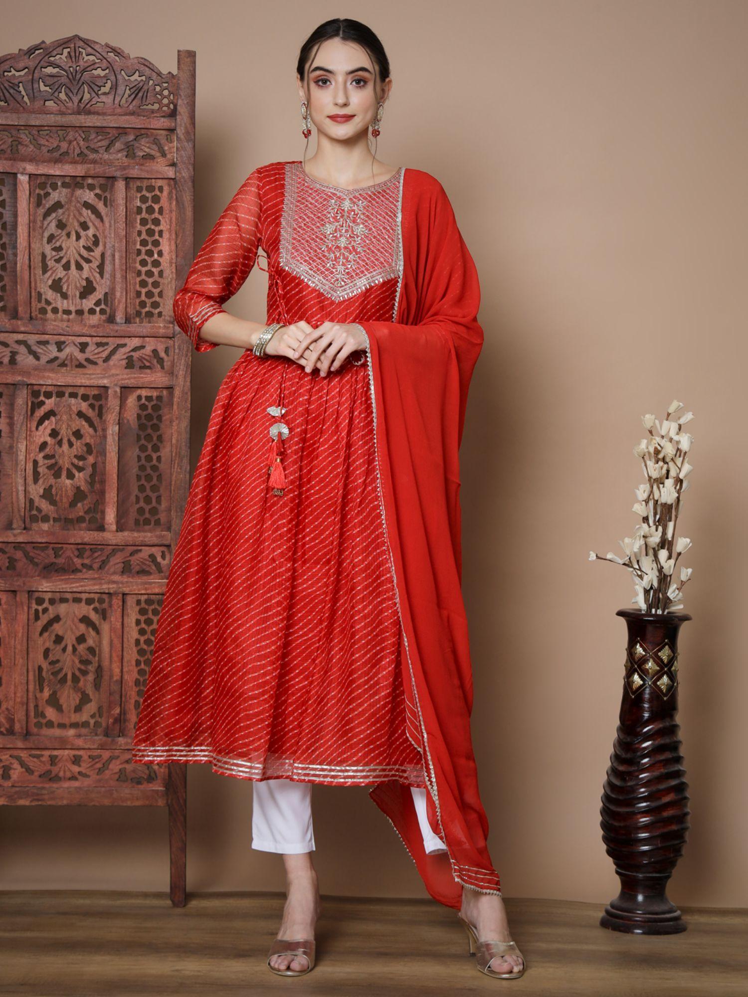 women red anarkali kurta and with dupatta (set of 3)