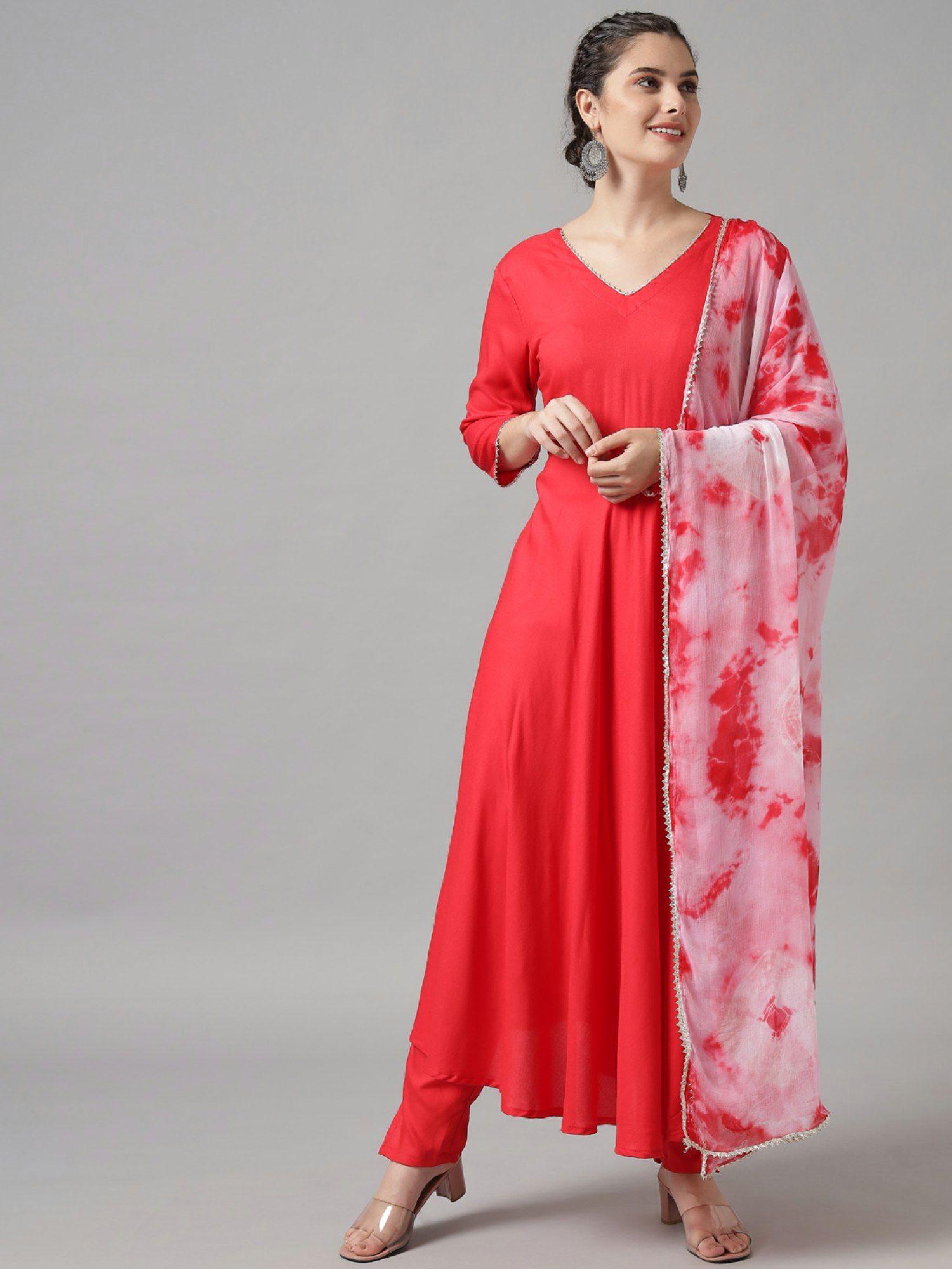 women red and pink kurta with trousers and tie-dyed dupatta (set of 3)