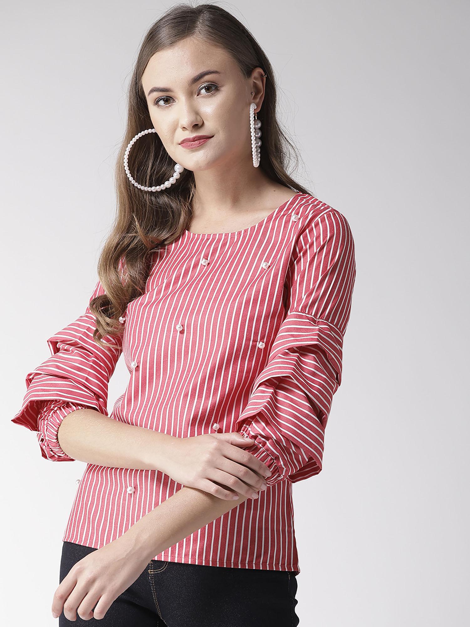 women red and white stripe polycotton smart casual top