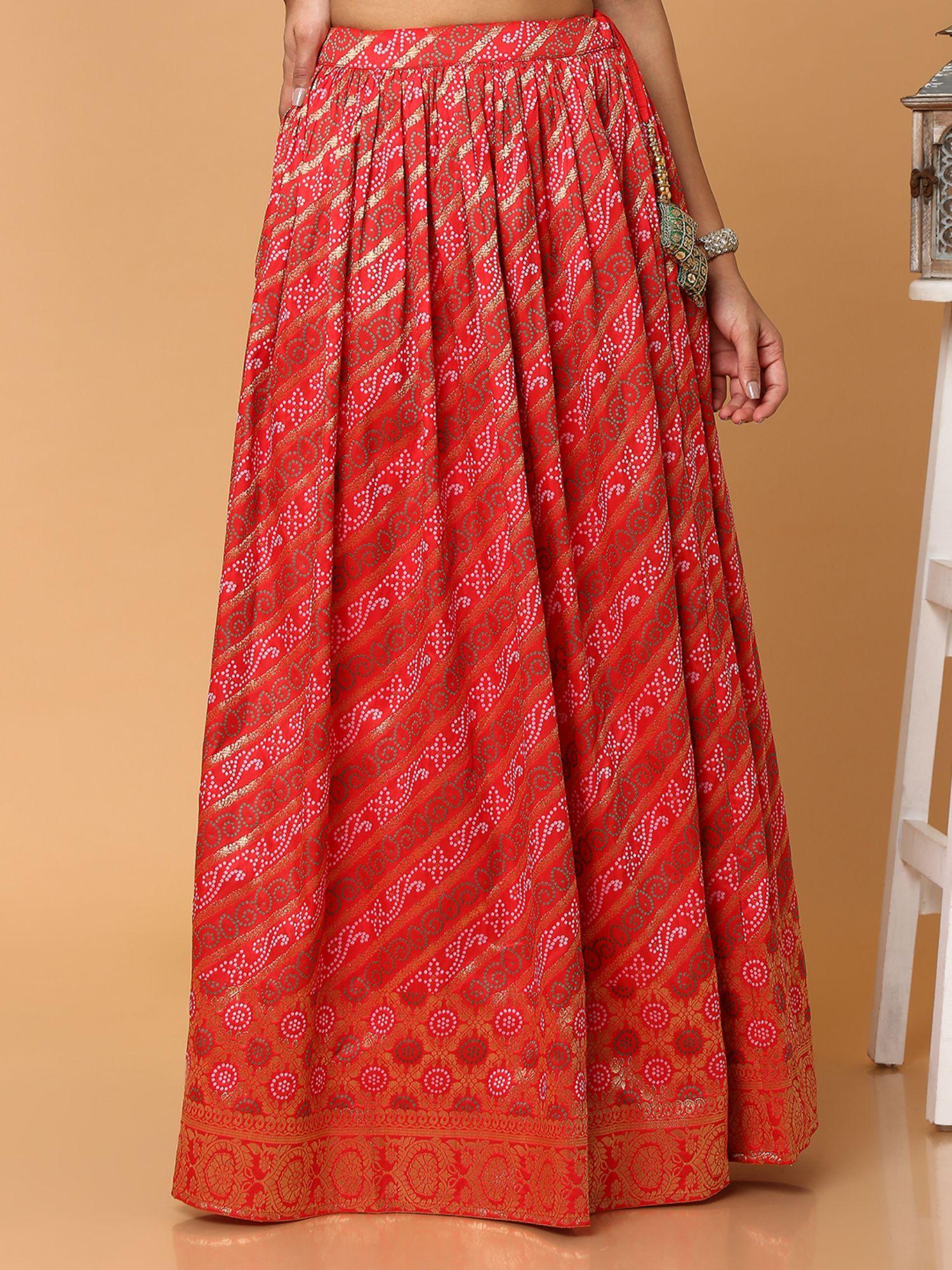 women red bandhani ethnic skirt