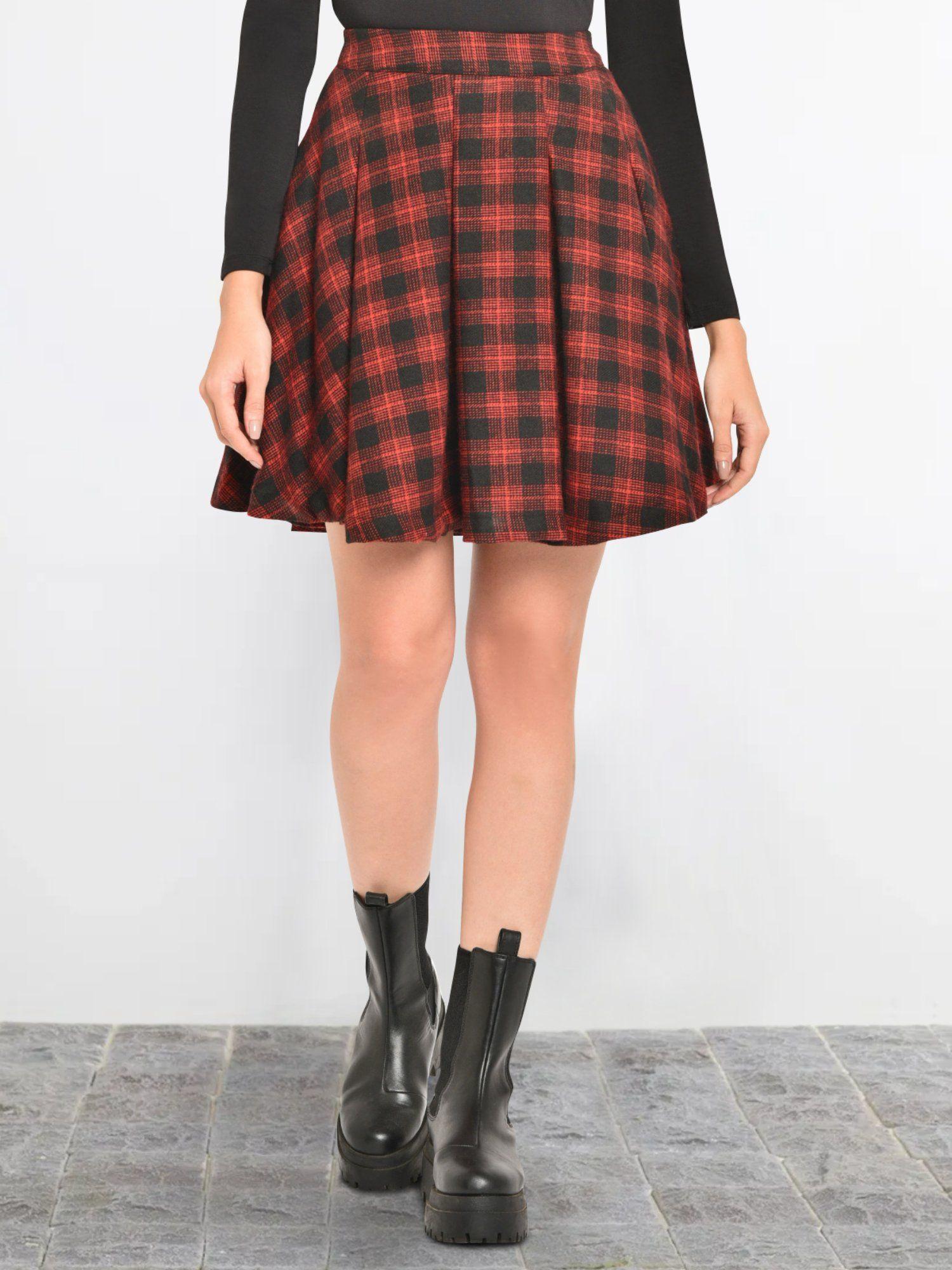 women red black checks woollen pleated mini skirt