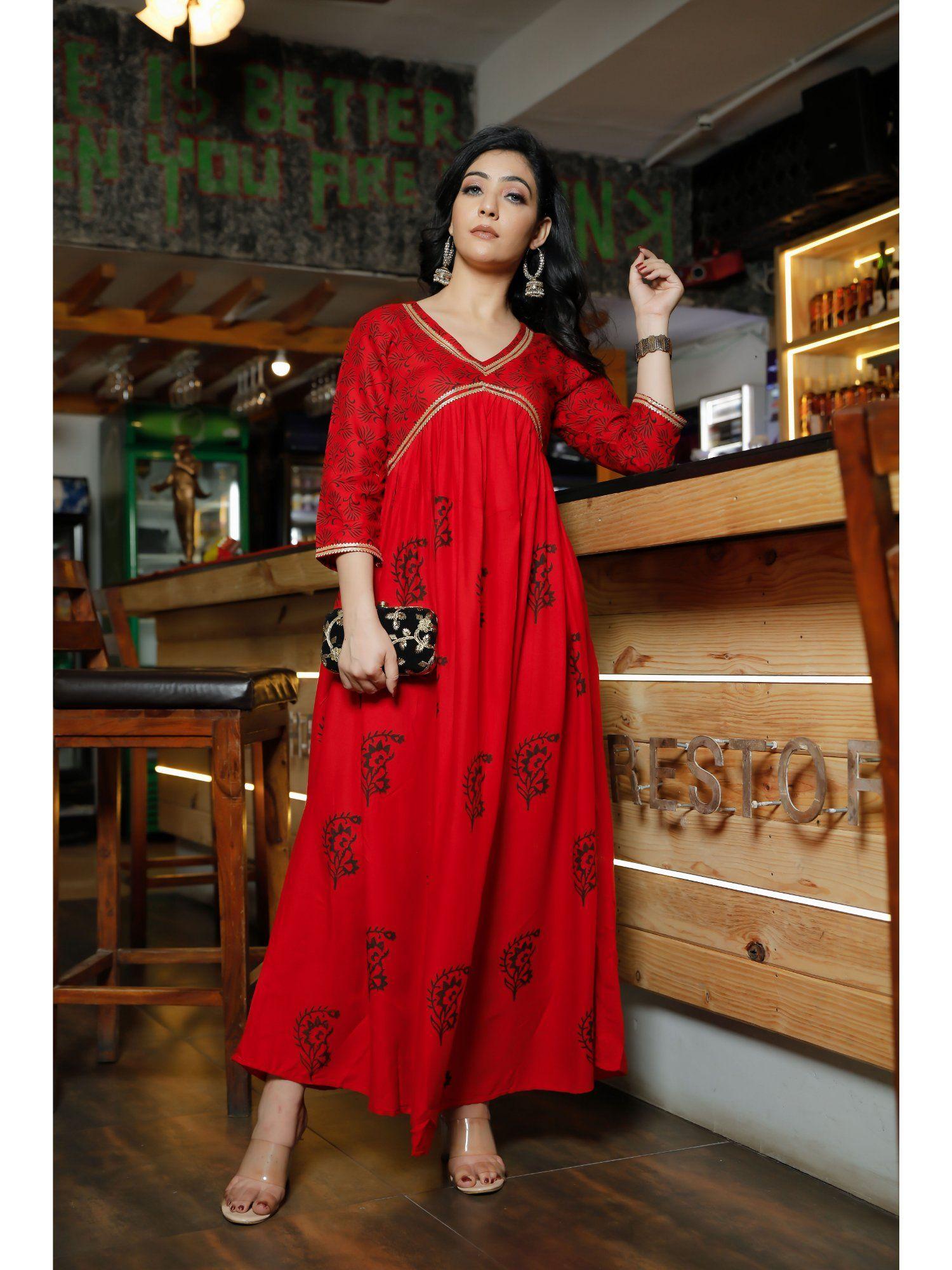 women red block print flared kurta