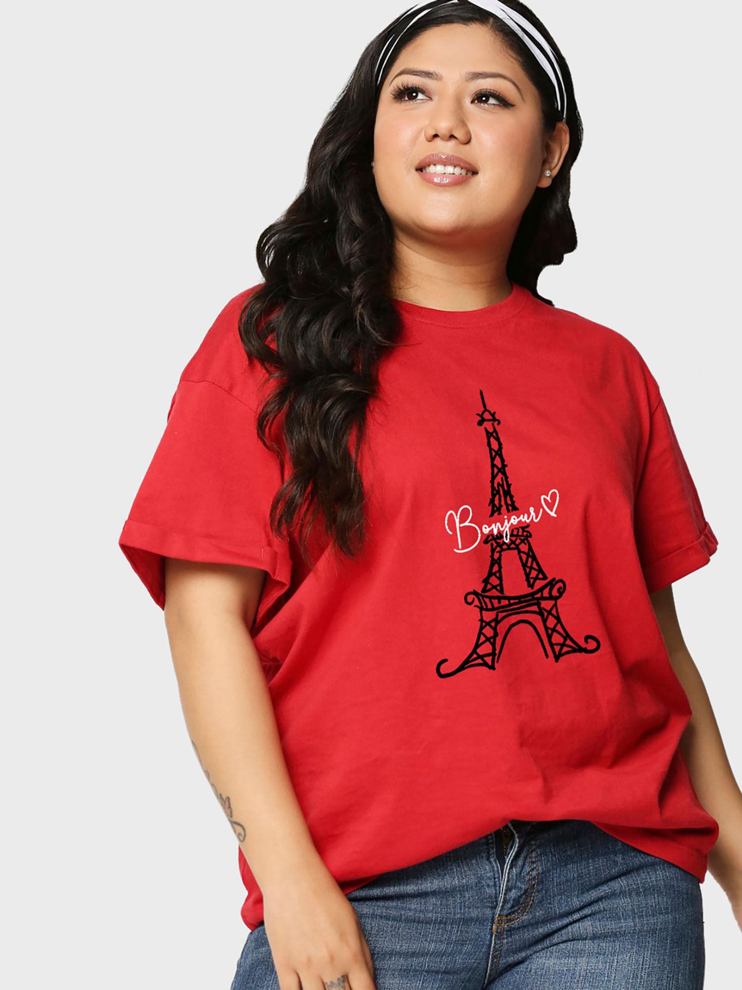 women red bonjour paris graphic printed plus size boyfriend t-shirt