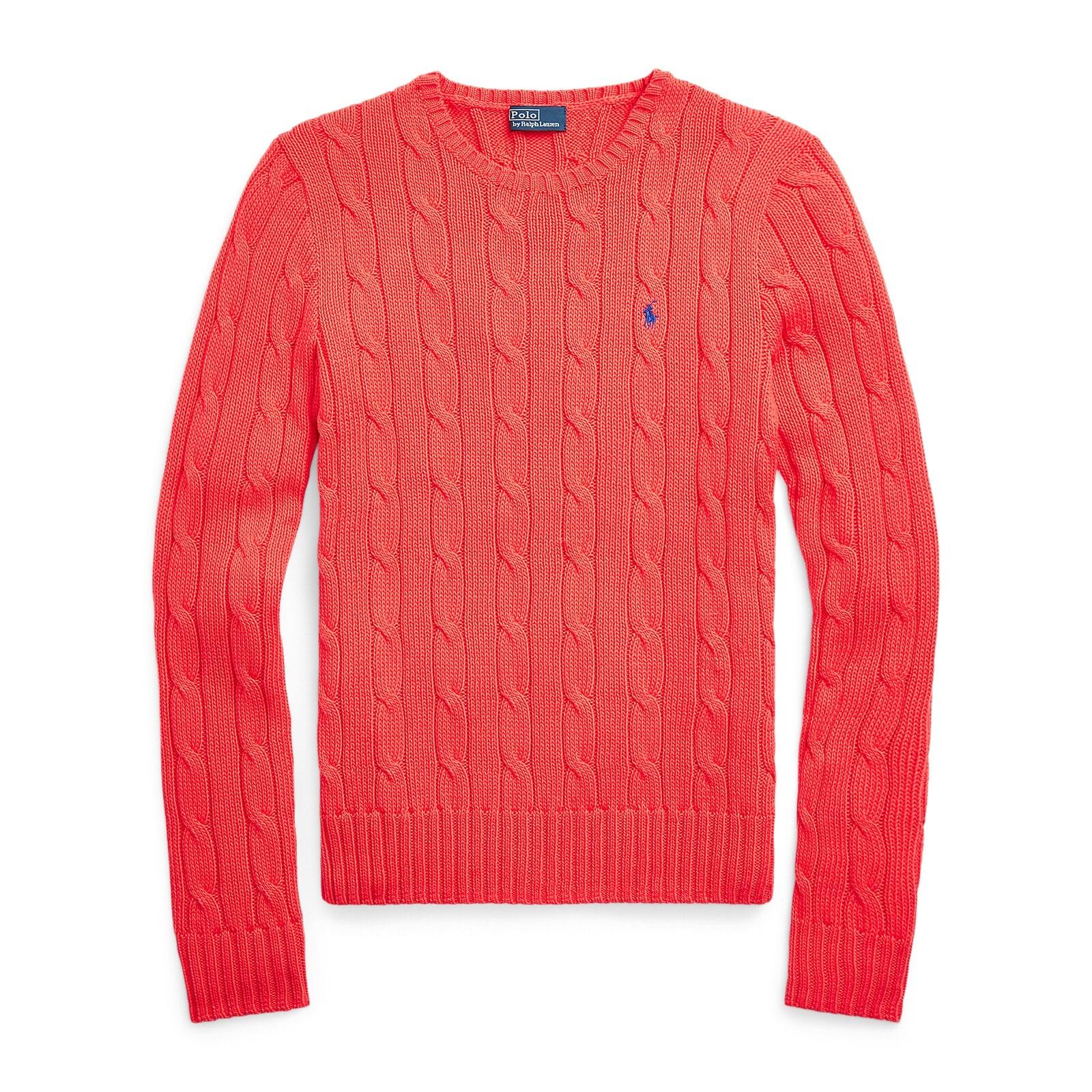 women red cable-knit cotton crewneck sweater