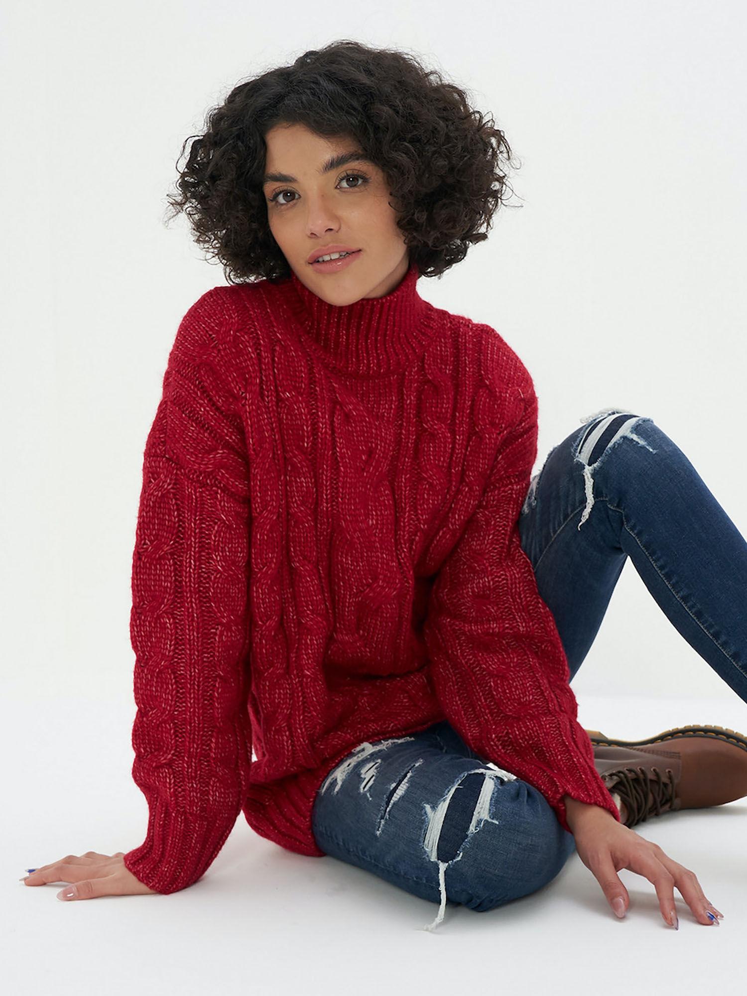 women red cable knit mock neck sweater