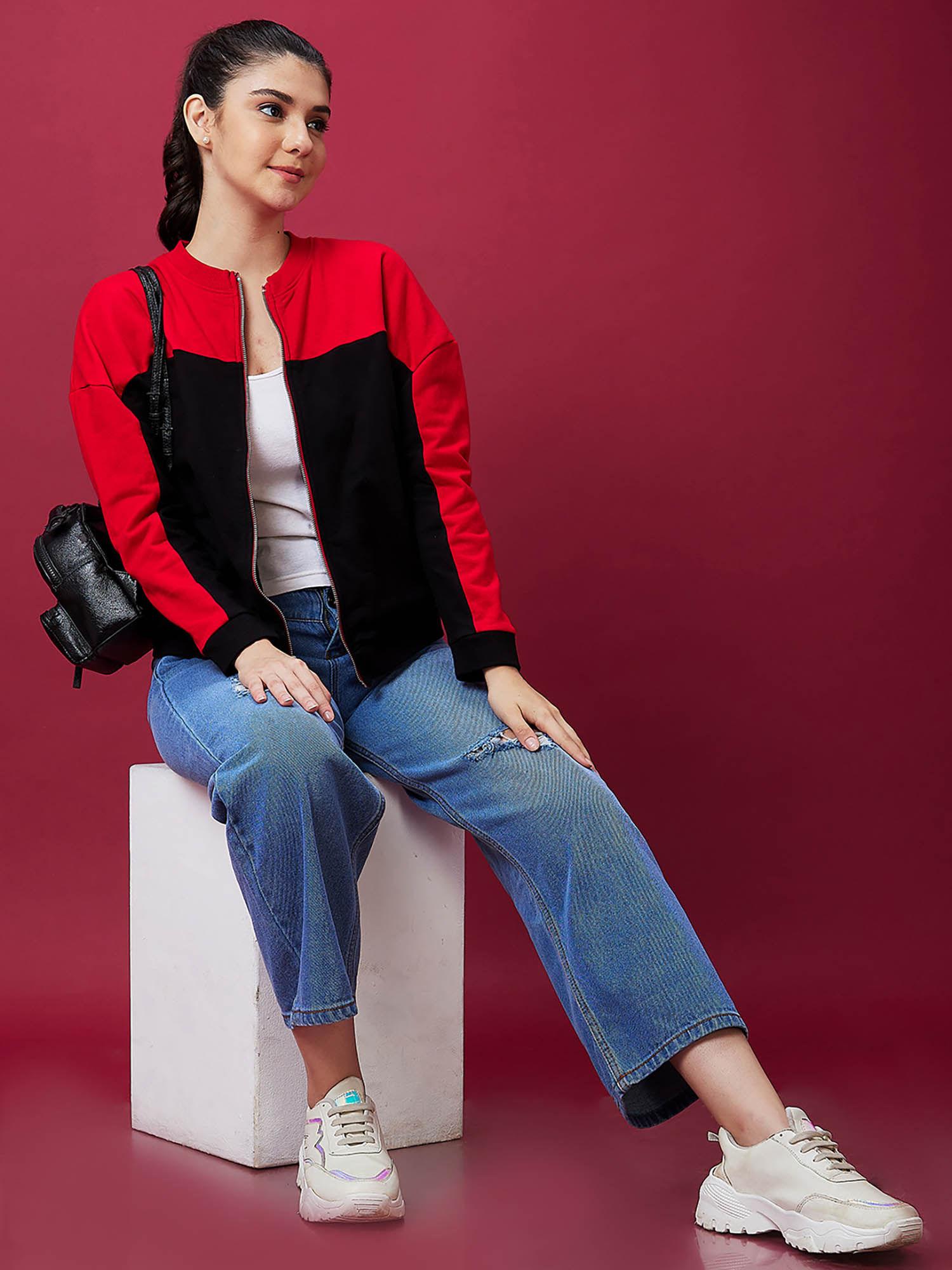 women red casual colourblocked ribbed drop shoulder jacket