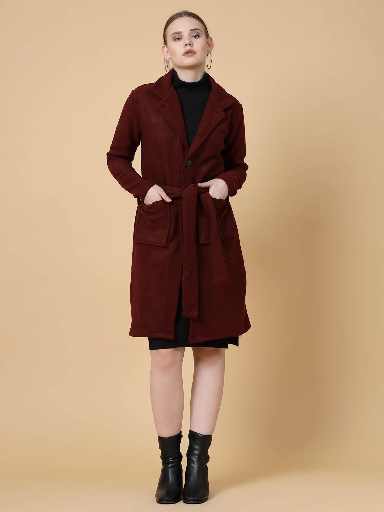 women red casual full sleeves overcoat with belt (set of 2)