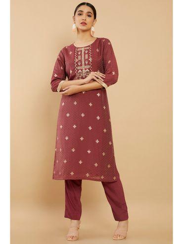 women red chanderi embroidered kurta (set of 2)