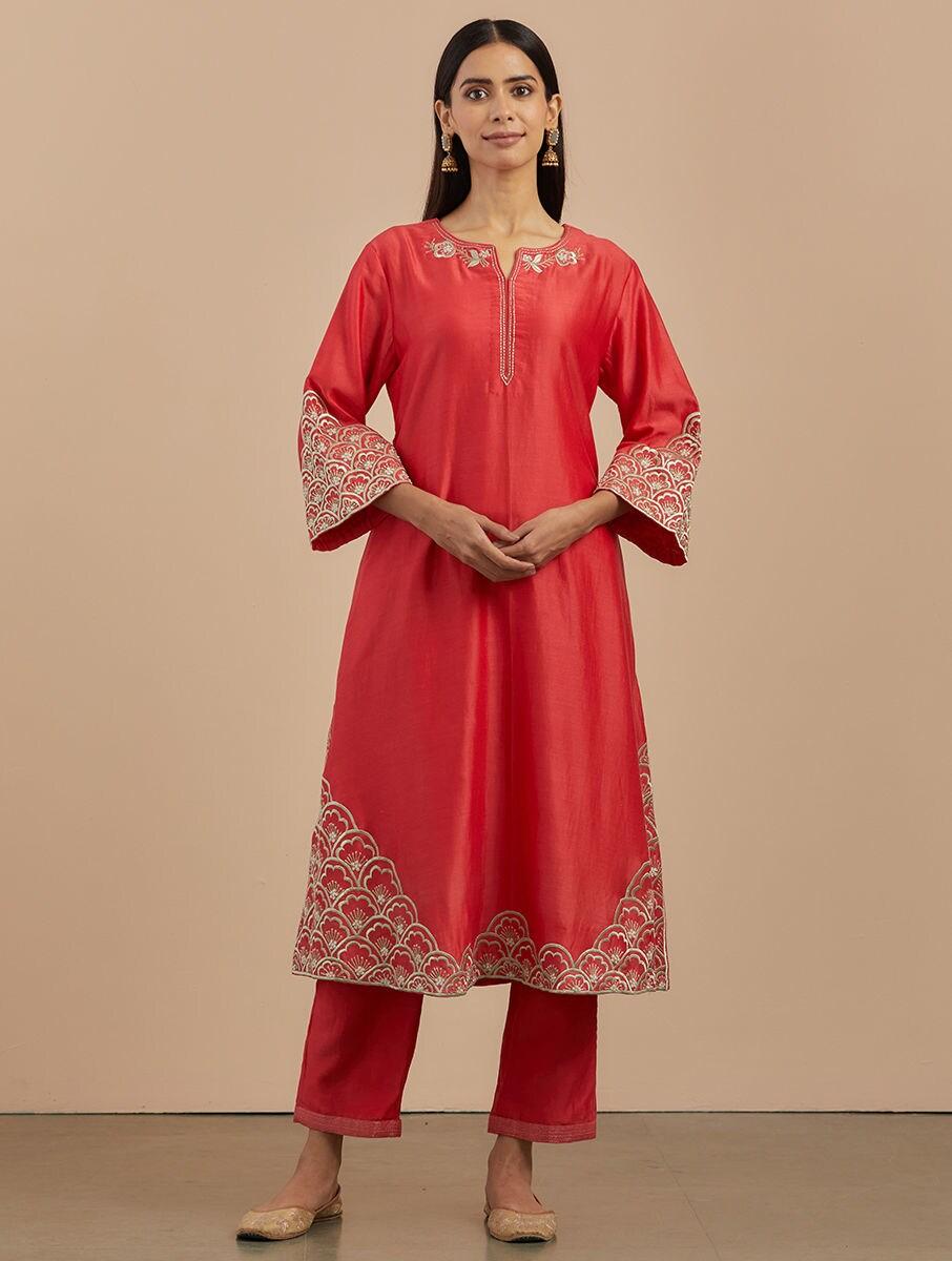 women red chanderi silk embroidered round neck straight regular kurta with pants