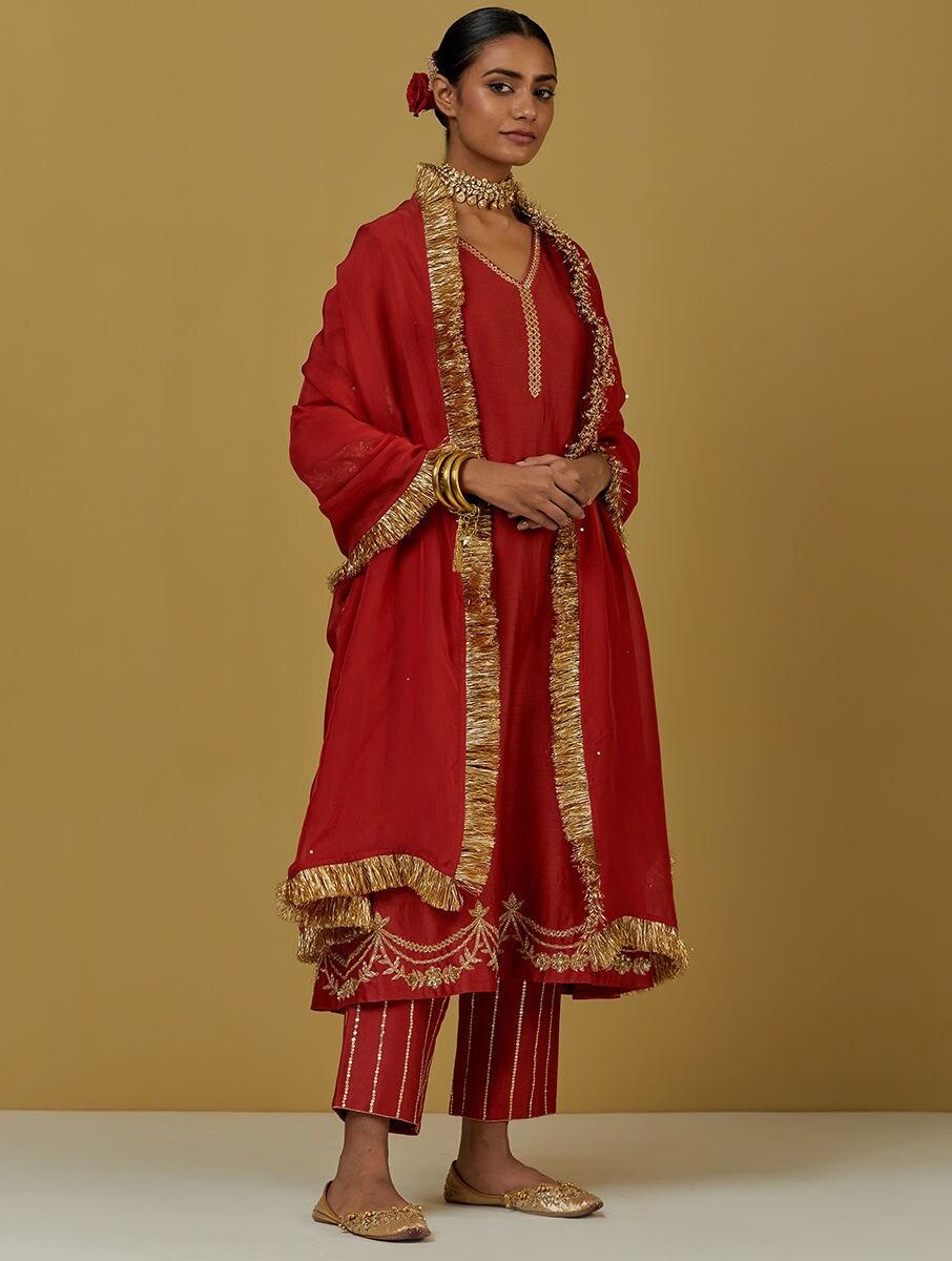 women red chanderi silk embroidered v neck a line regular kurta , pant & dupatta
