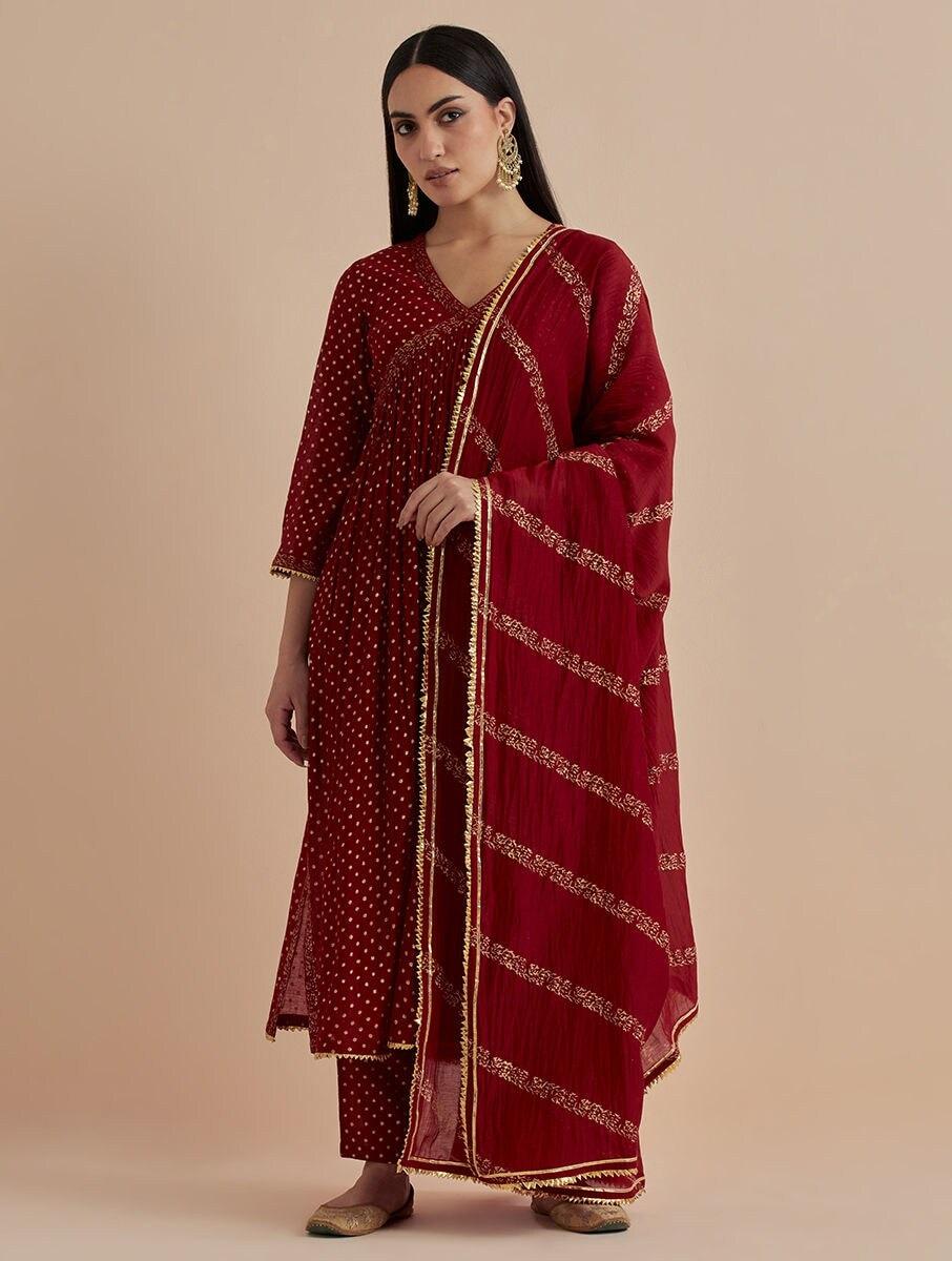 women red chanderi silk printed v neck anarkali kurta , pant & dupatta