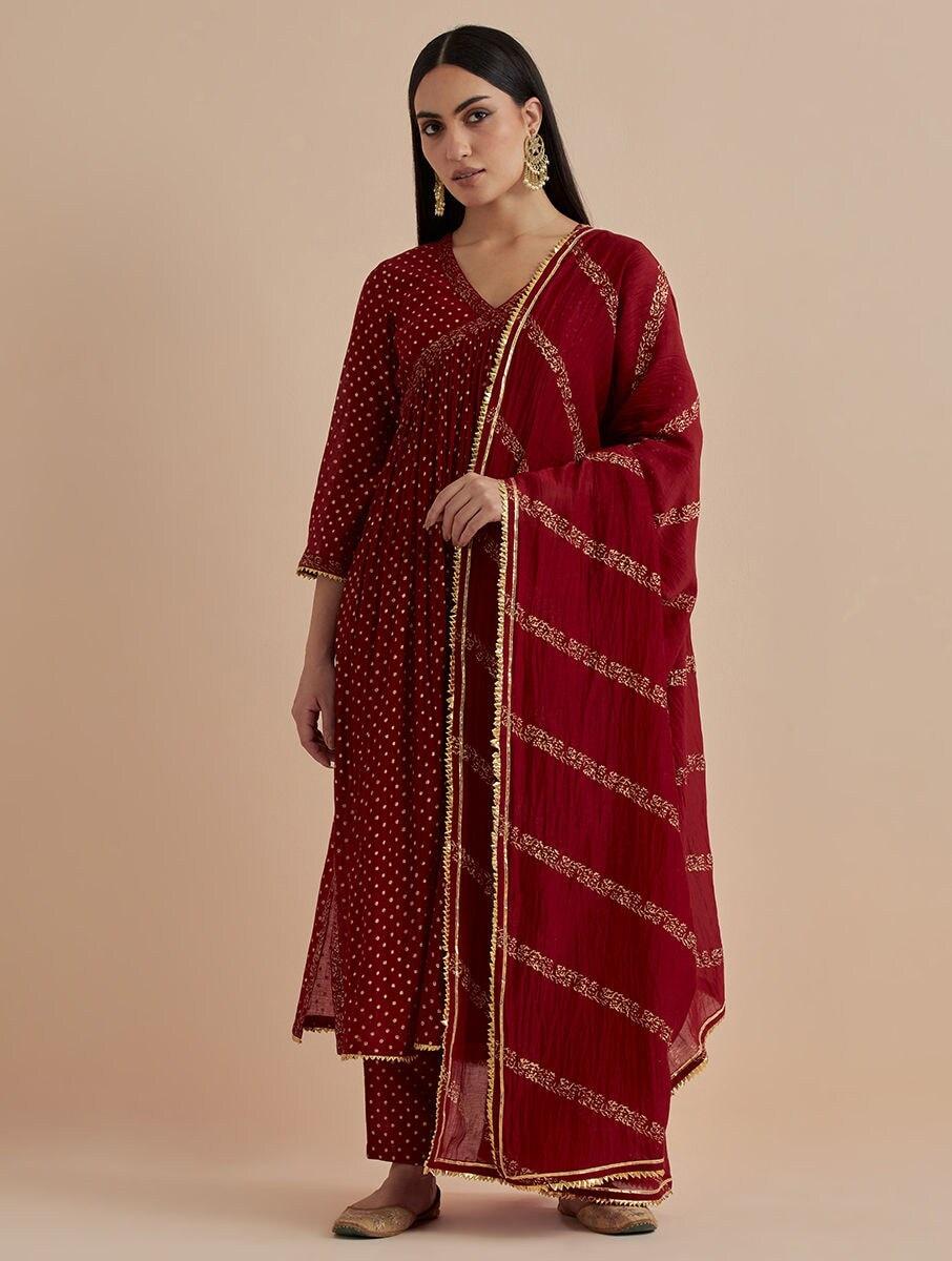 women red chanderi silk printed v neck anarkali kurta with pants