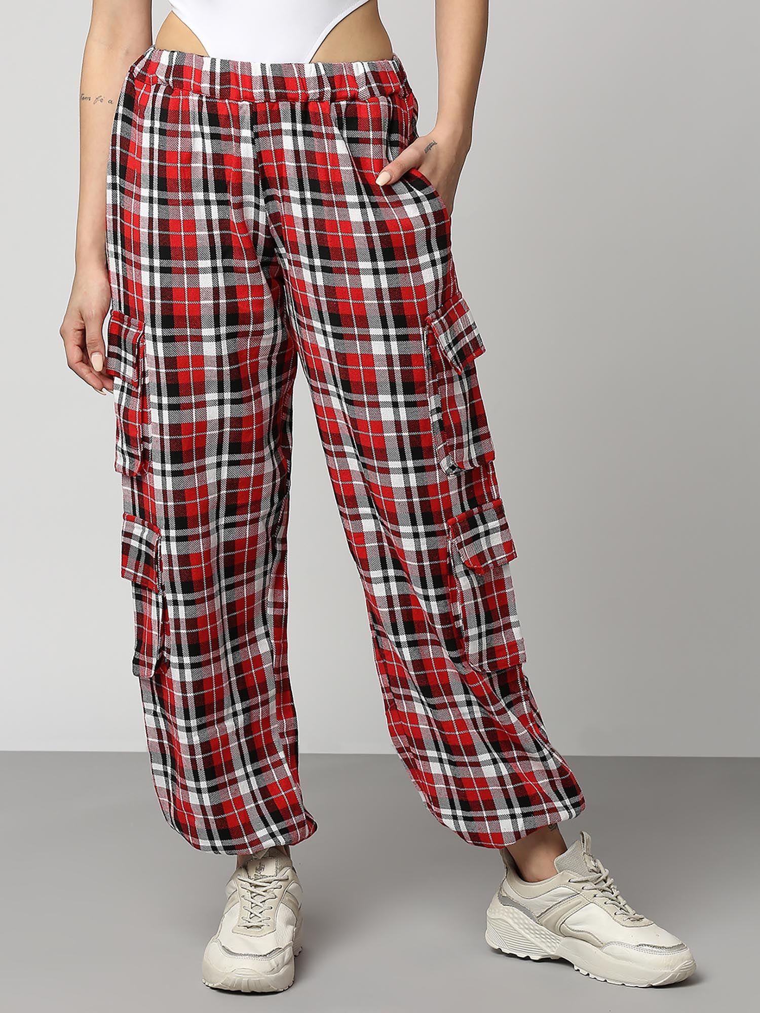 women red checks baggy parachute style cargo pants