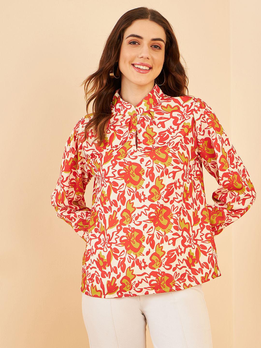 women red colour mandarin collar floral regular top