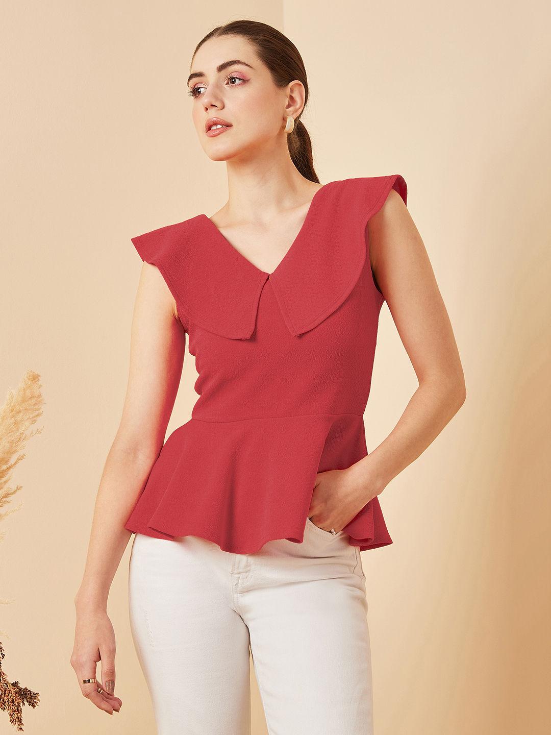 women red colour shirt collar solid shirt style top