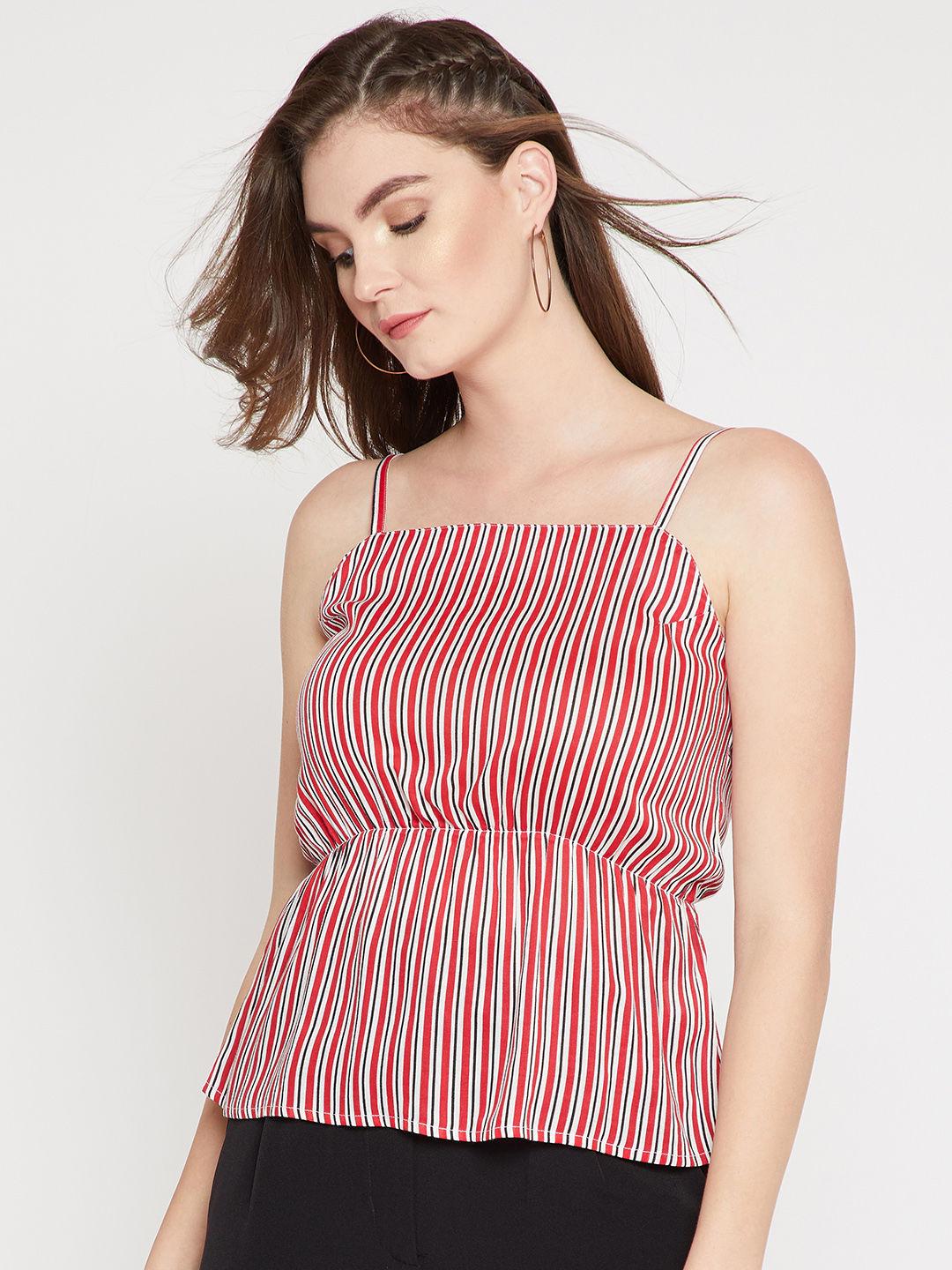 women red colour shoulder straps vertical stripes cinched waist top